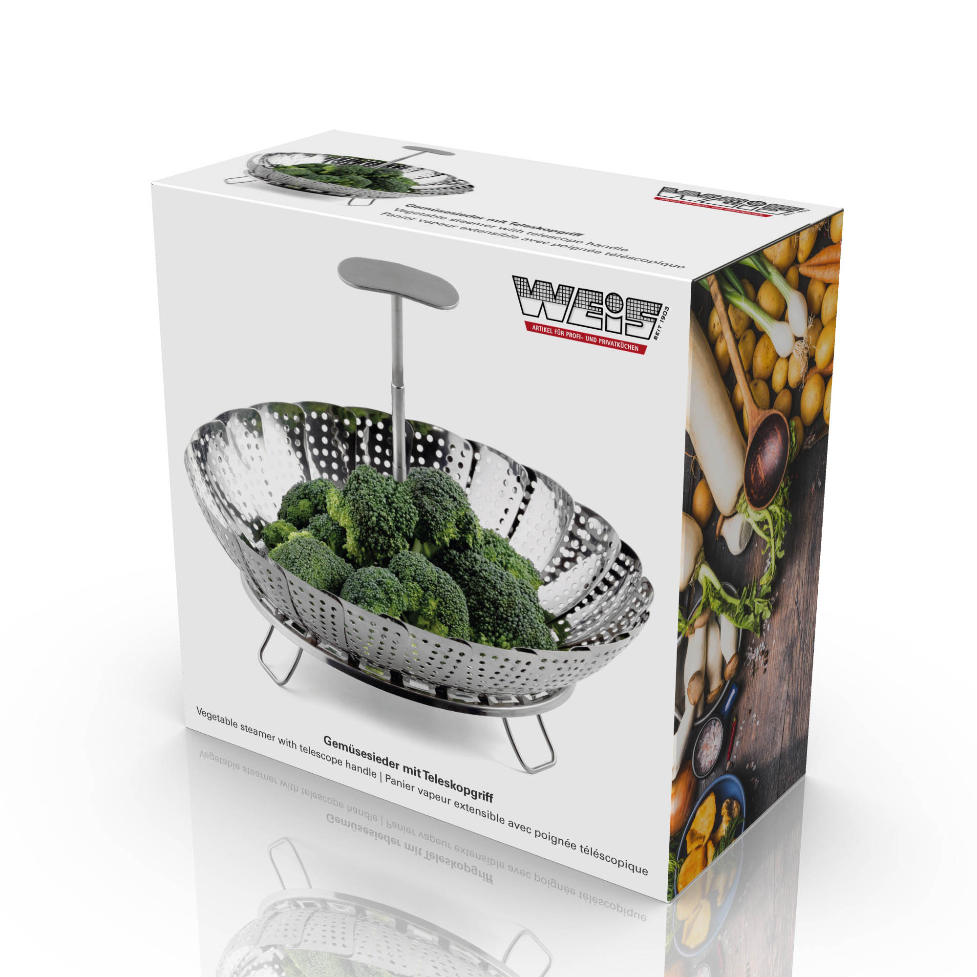 WEIS Flexibler Gemüsesieder Dämpfeinsatz Dampfgarkorb aus Edelstahl 13 bis 23 cm
