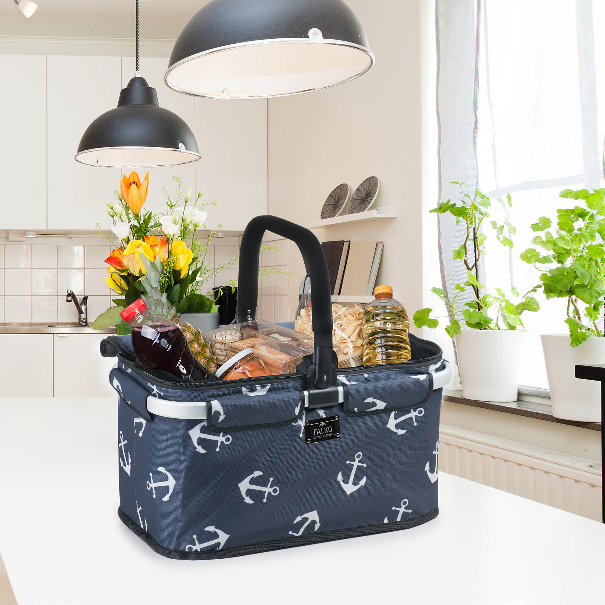 GENIUS Faltbarer Einkaufskorb FALKO PREMIUM 26 Liter blau mit weißen Ankern
