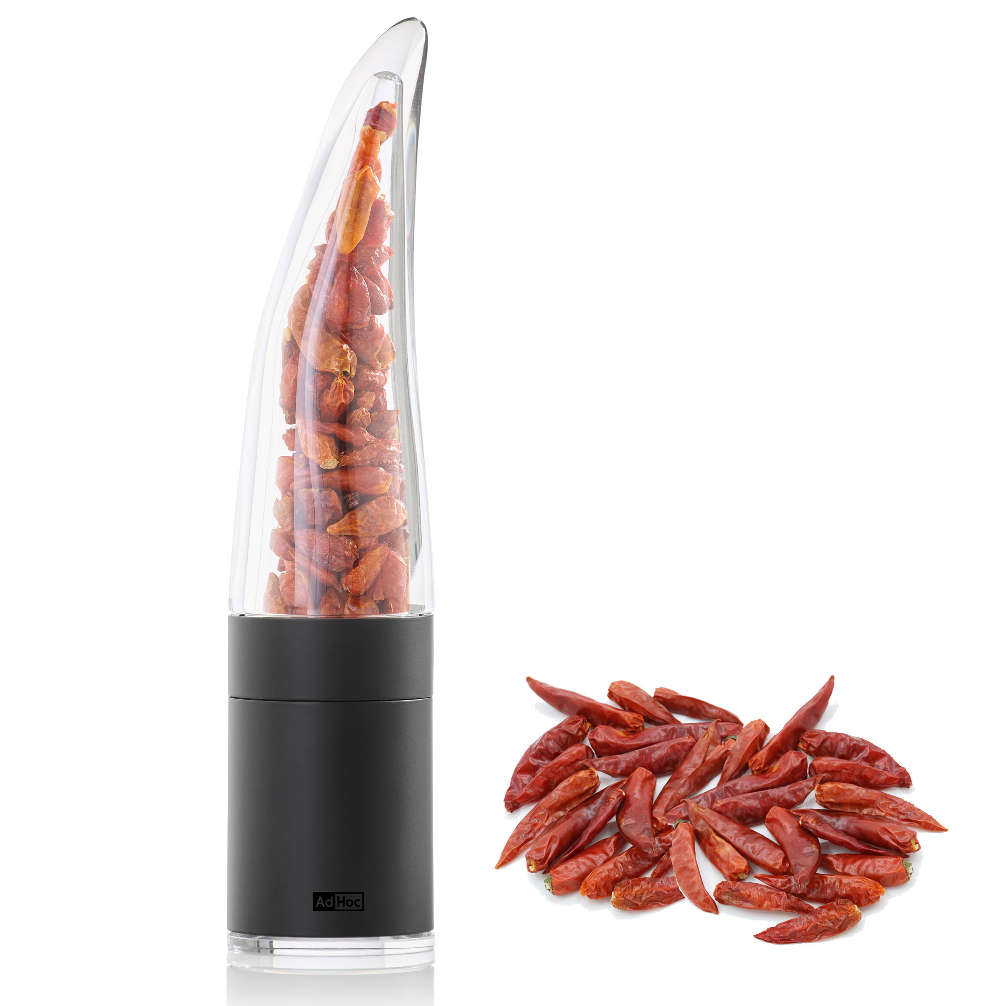 AdHoc Geschenkset Chilischneider PEPE Edelstahl, schwarz / Acryl + 20 g Chilis