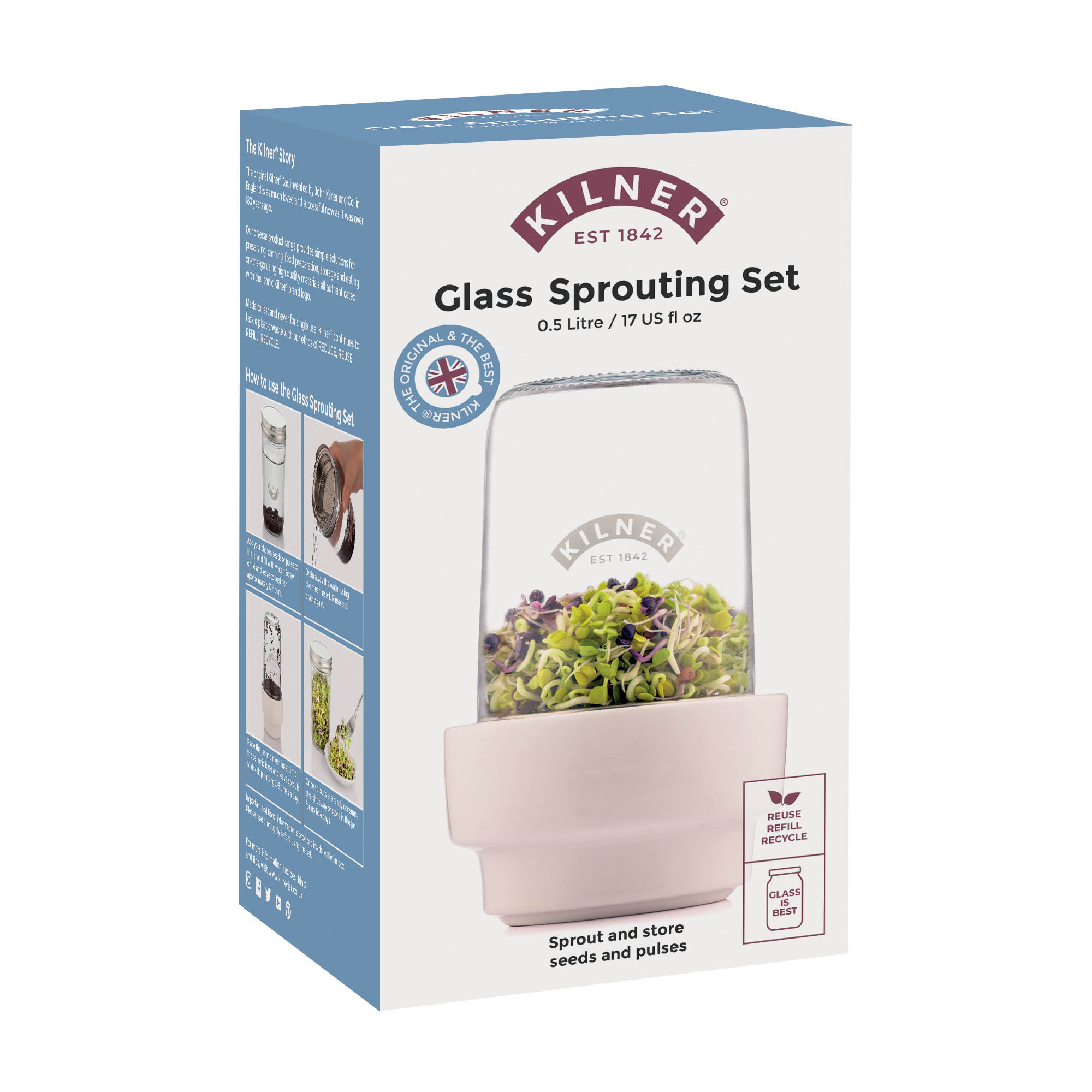 KILNER Sprout Jar Set 0.5 litres – Sprouting Kit: Mini Greenhouse for Sprouts