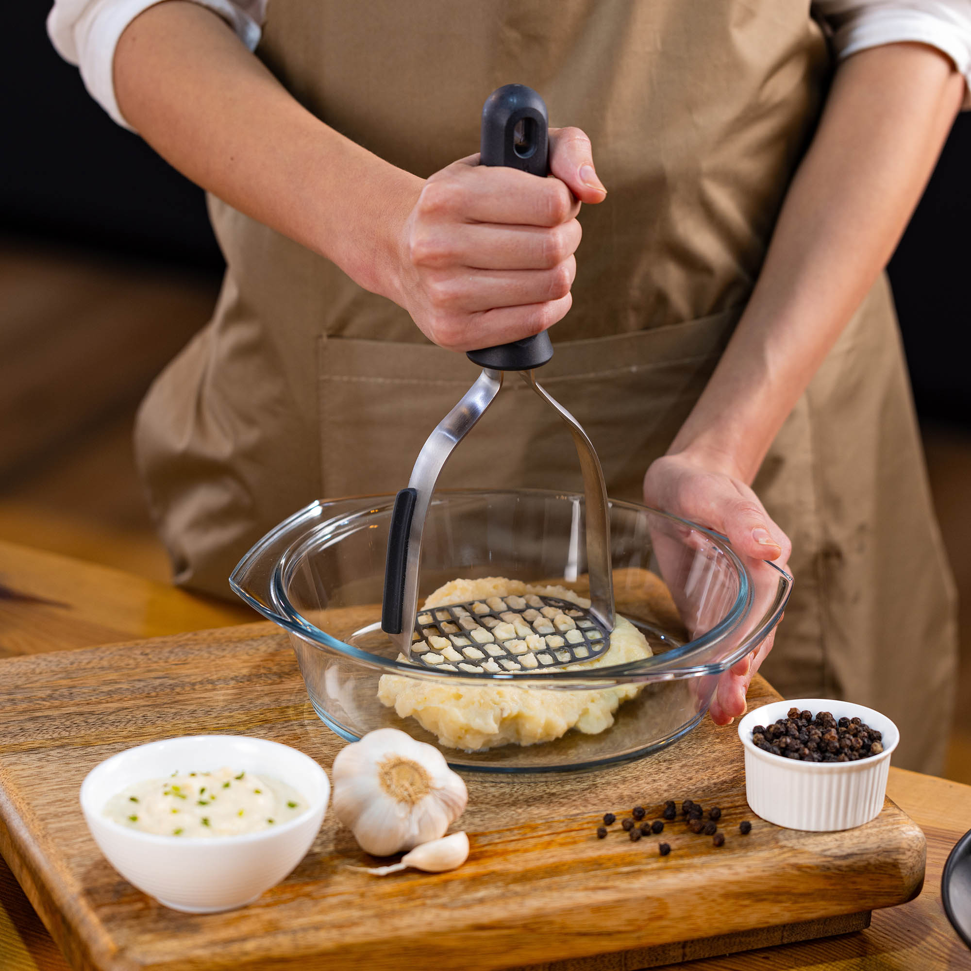 ZYLISS potato masher with a plastic handle reinforced with wheat straw fibres