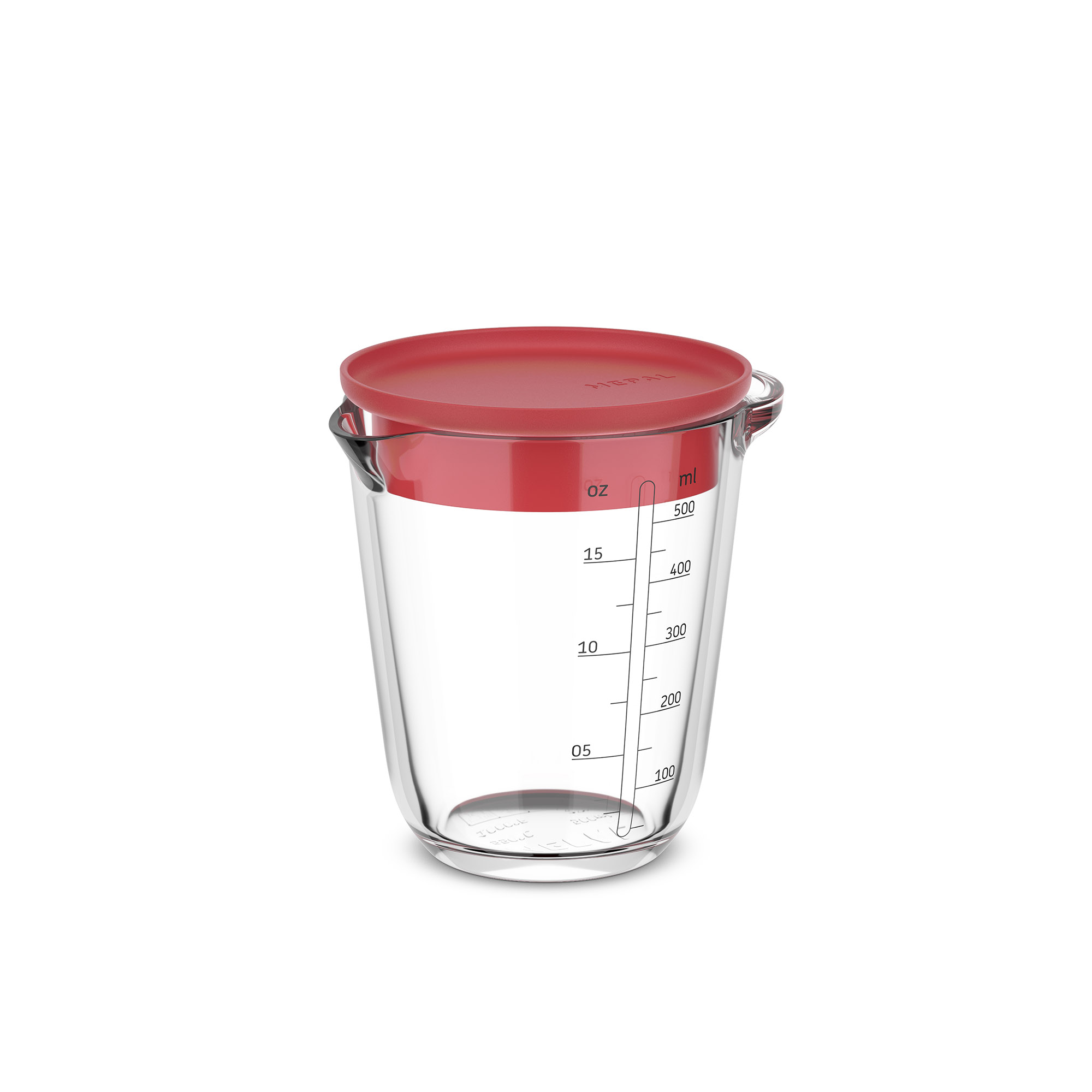 MEPAL Messbecher CHEF IT 0,5 Liter aus Glas mit Deckel coral (korallenrot)