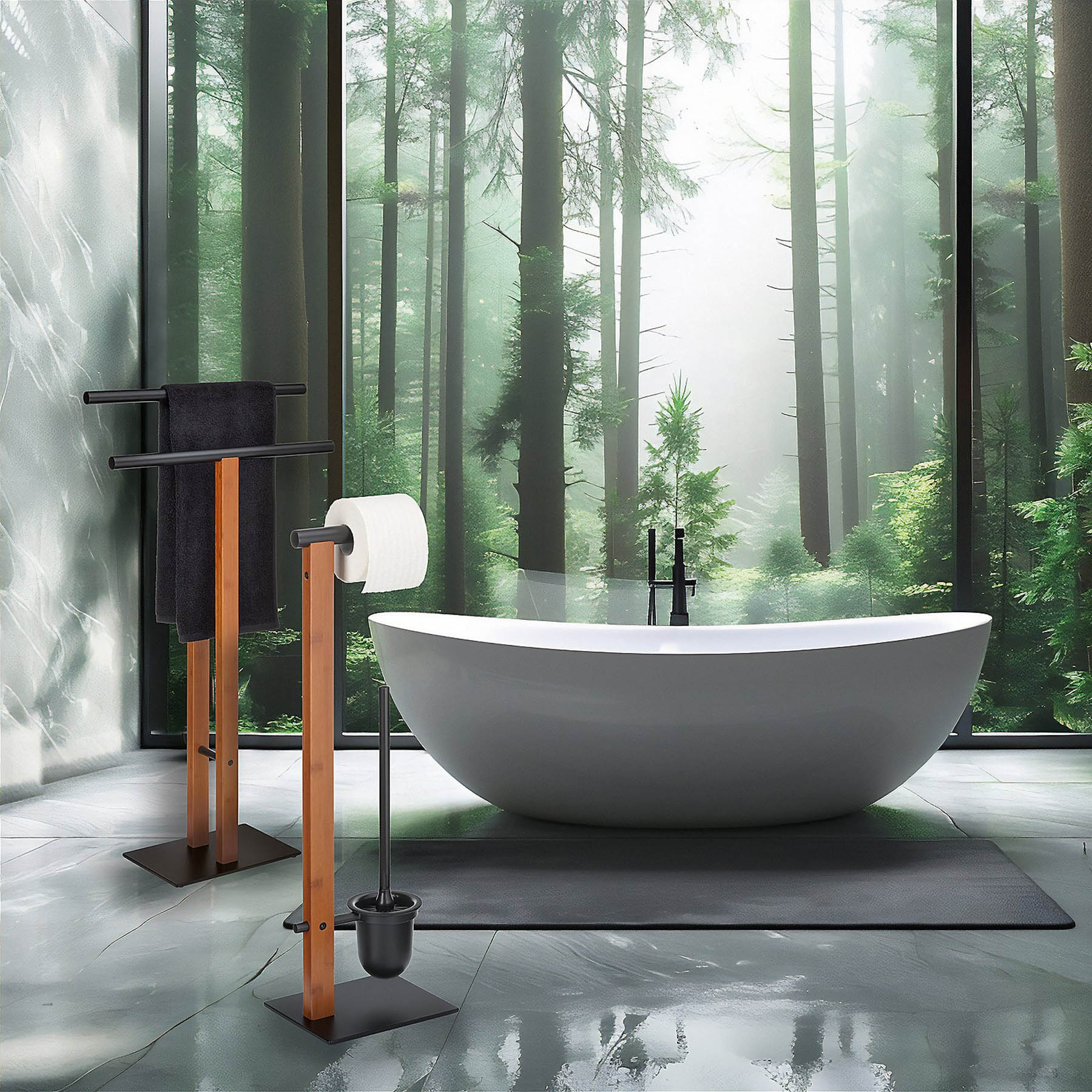 KELA Toilettengarnitur Toilettenbutler AMIR Metall schwarz / Bambus 70 cm hoch