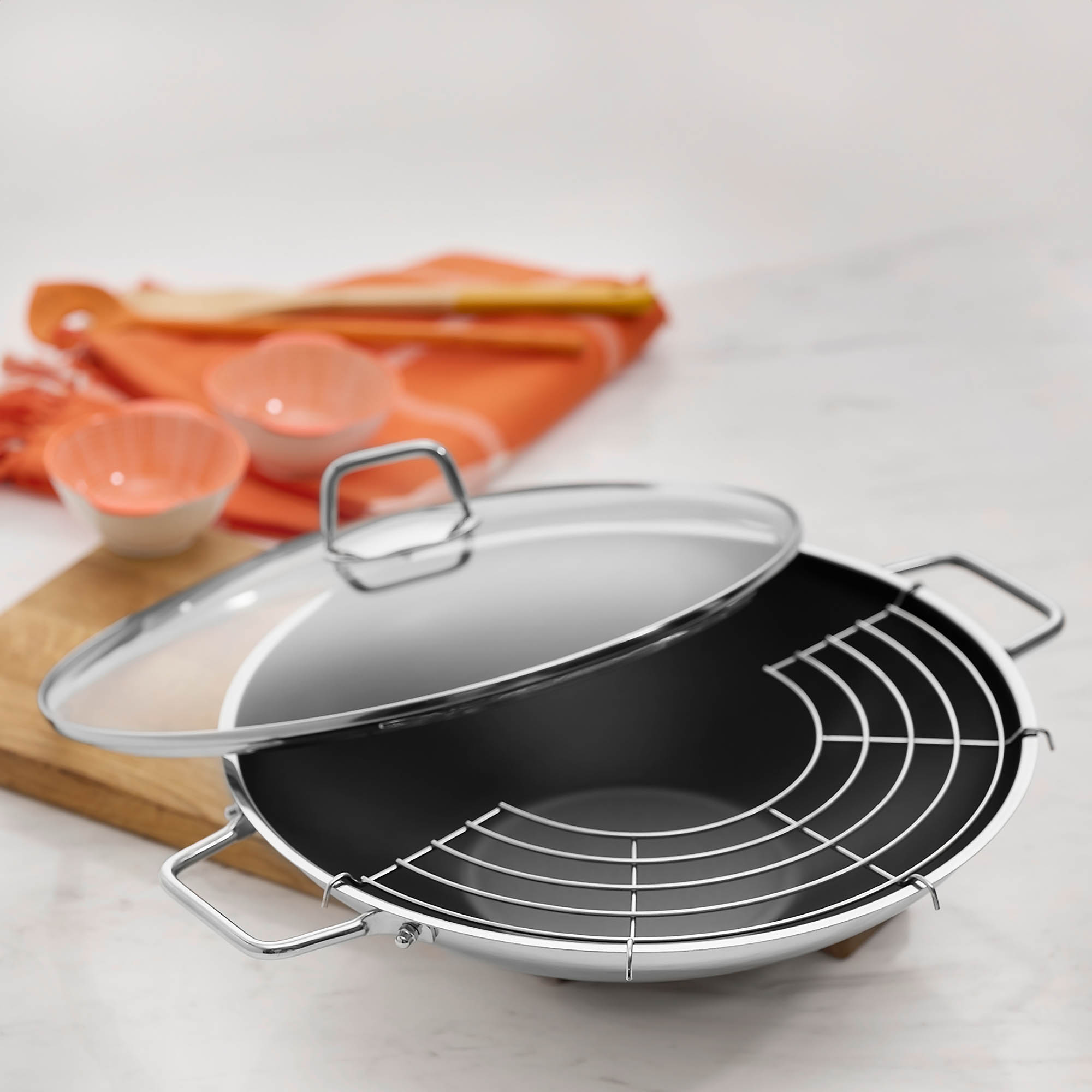 SCHULTE-UFER Wok-Set WEGA 34 cm Edelstahl Antihaftversiegelung Glasdeckel