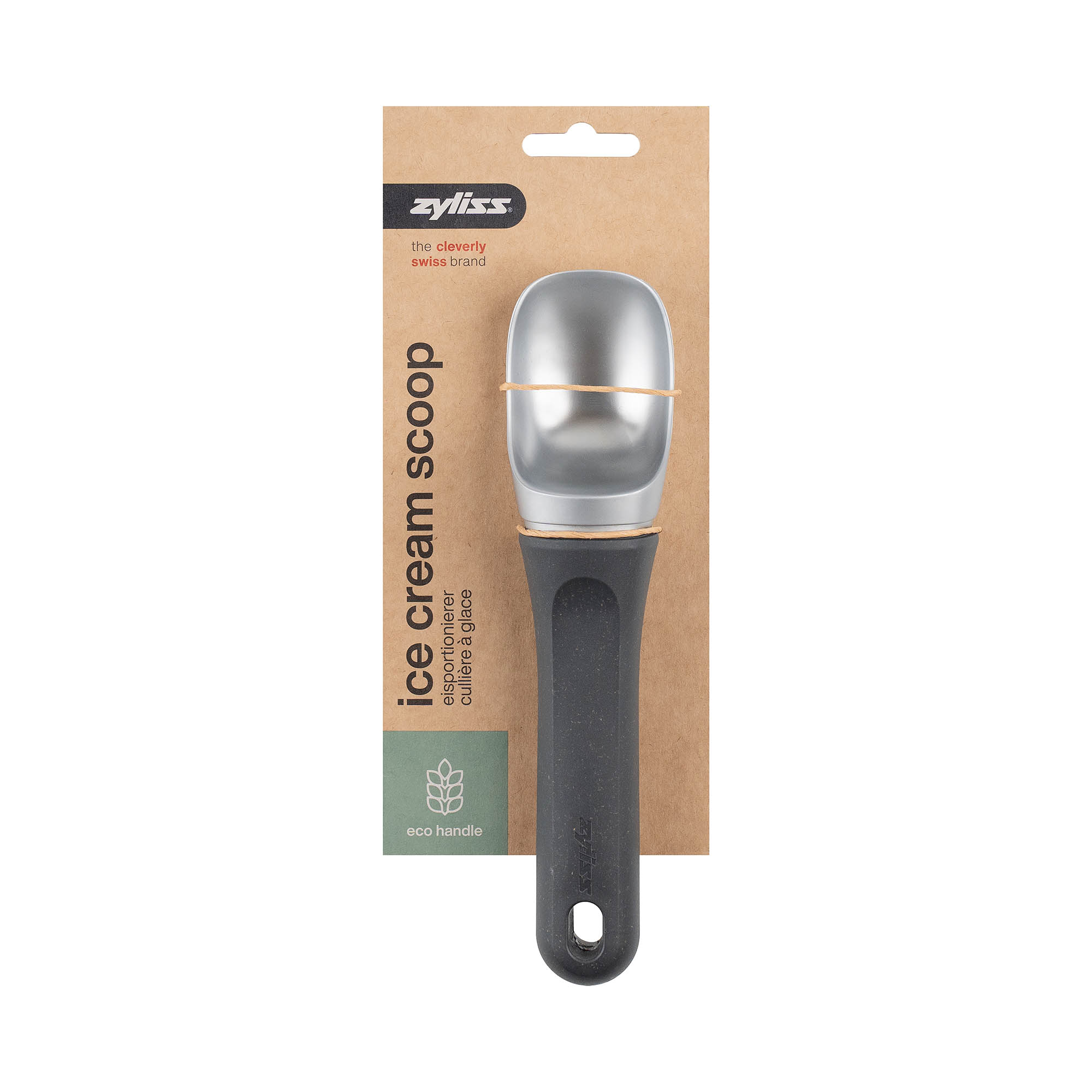 ZYLISS ice cream scoop with a plastic handle containing wheat straw fibres