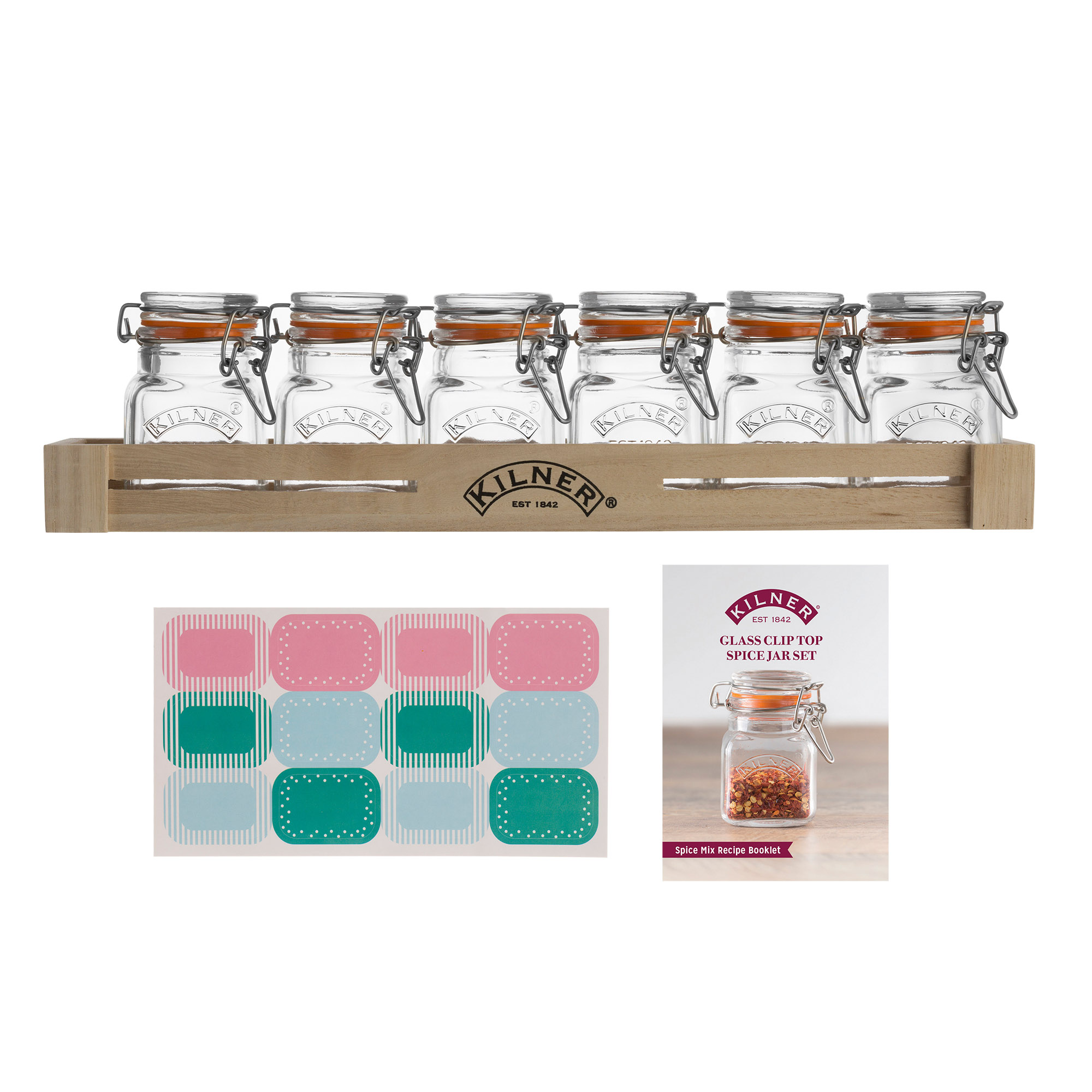 KILNER Bügelverschlussglas quadratisch 70 ml Vorratsglas 6er Set in Holzkiste