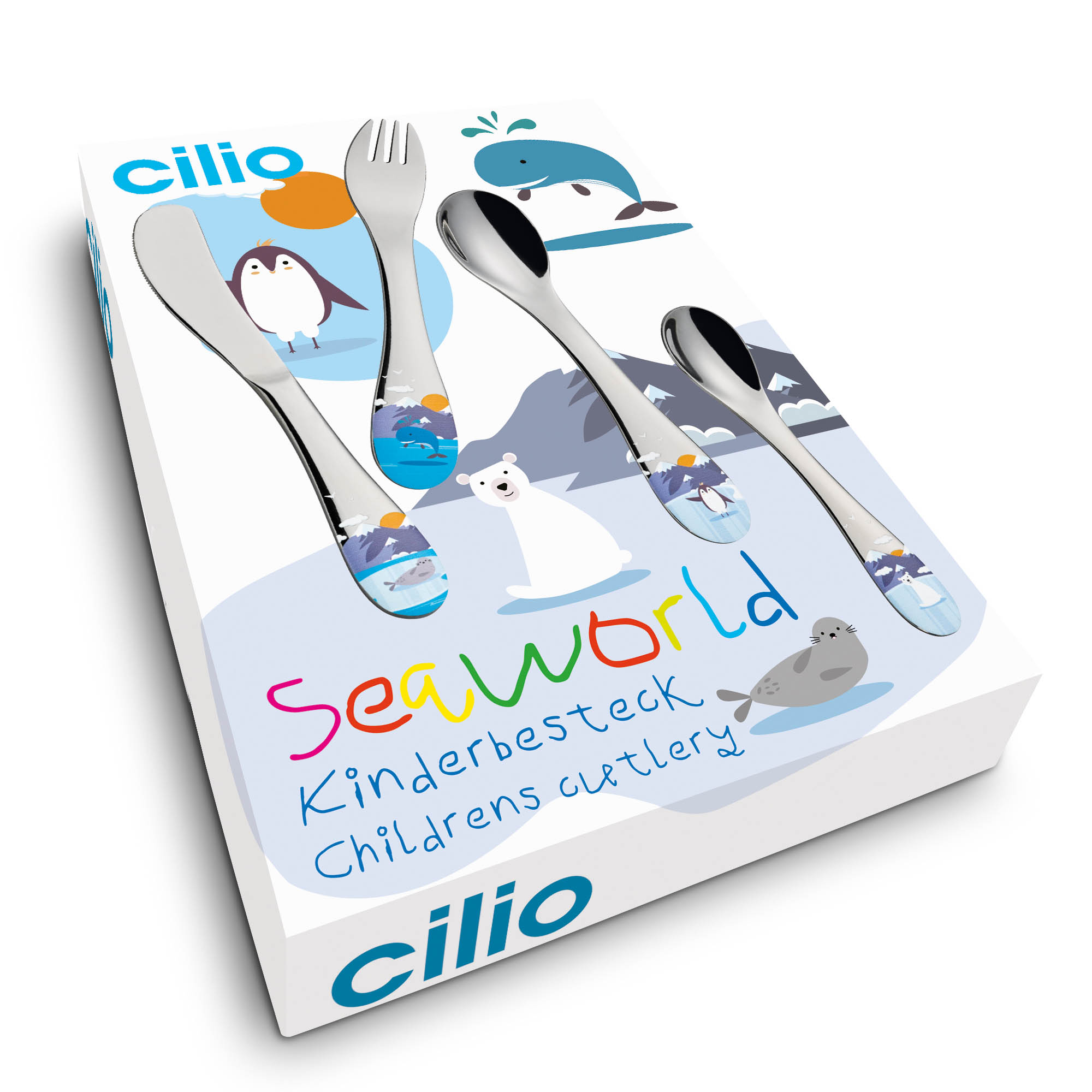CILIO Kinderbesteck 4-teilig Edelstahl farbig bedruckt Motiv SEAWORLD