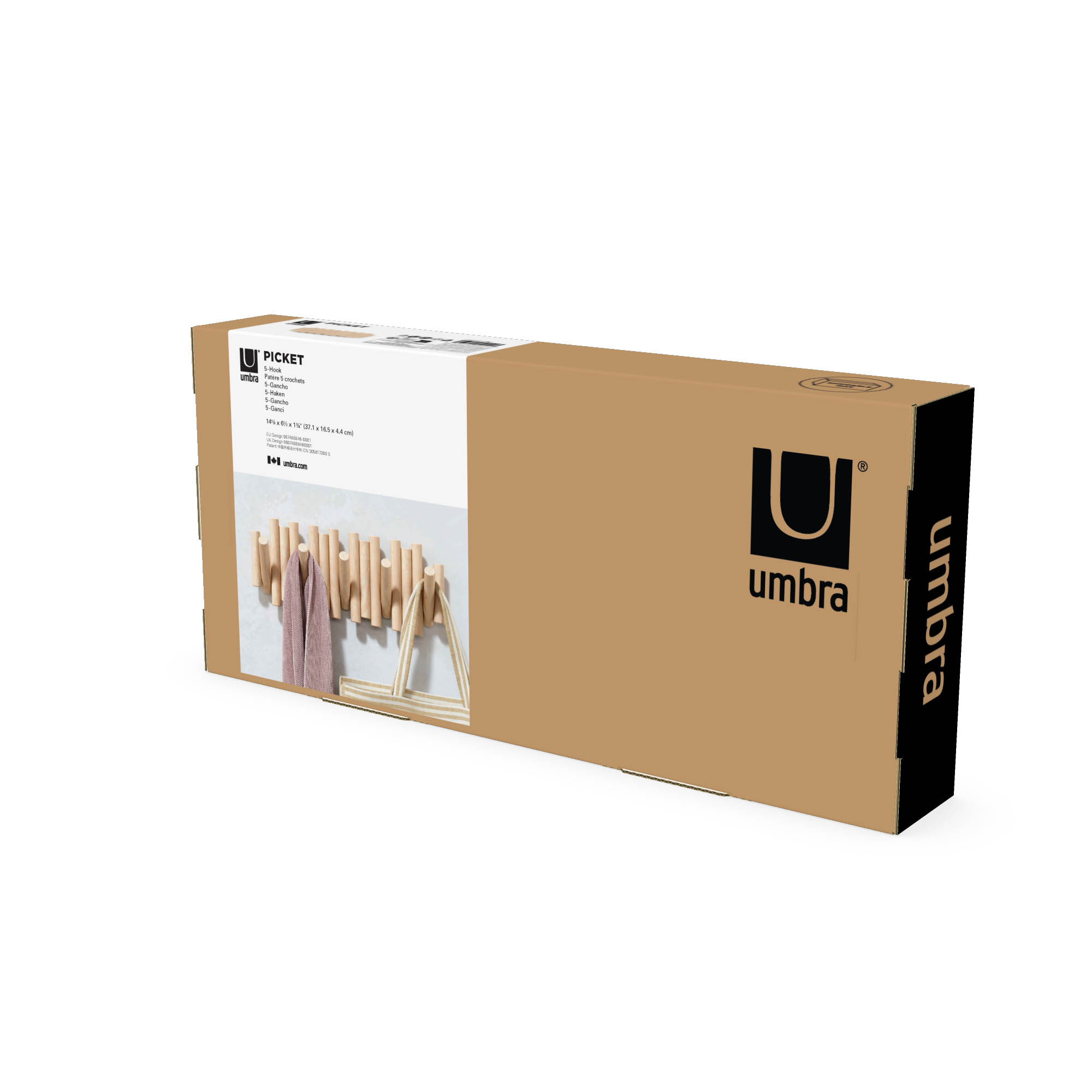 UMBRA wall coat rack PICKET with 5 folding hooks natural pine wood