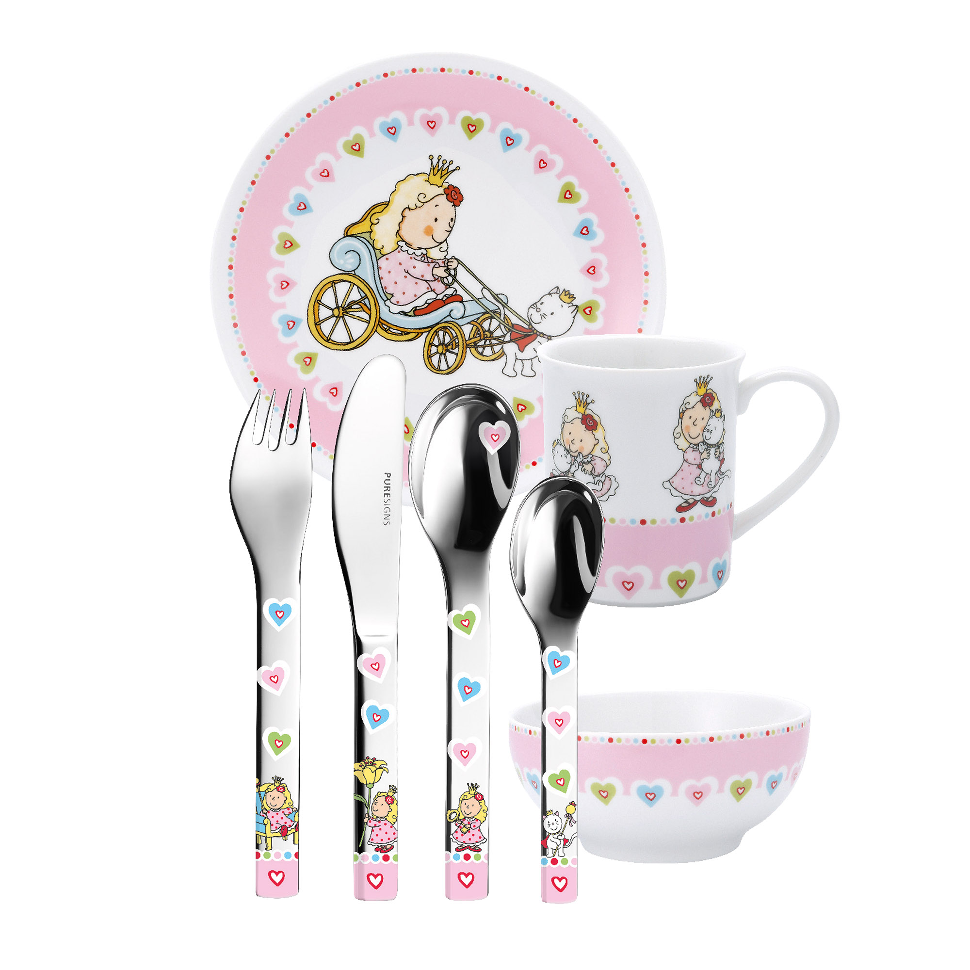 PURESIGNS Kindergeschirr-Set NELIA (7-tlg), 1 Personen, Edelstahl 18/10, Porzellan, Plastikfreier Essgenuss für die Kleinen