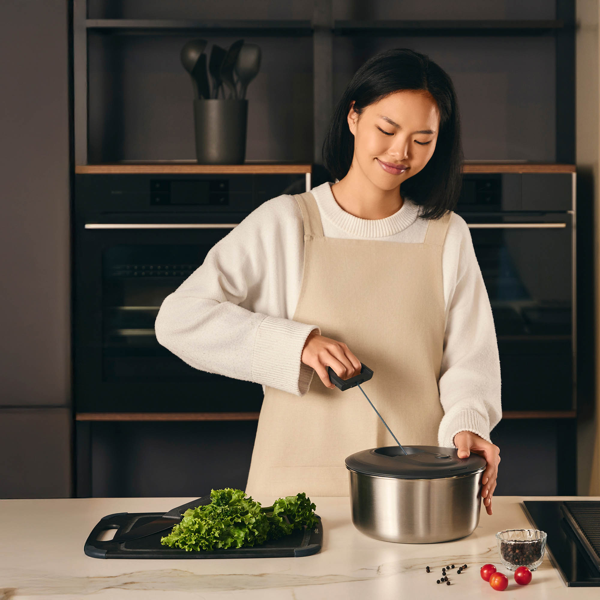 ZYLISS salad spinner EASY SPIN S stainless steel rope pull mechanism 23 cm black