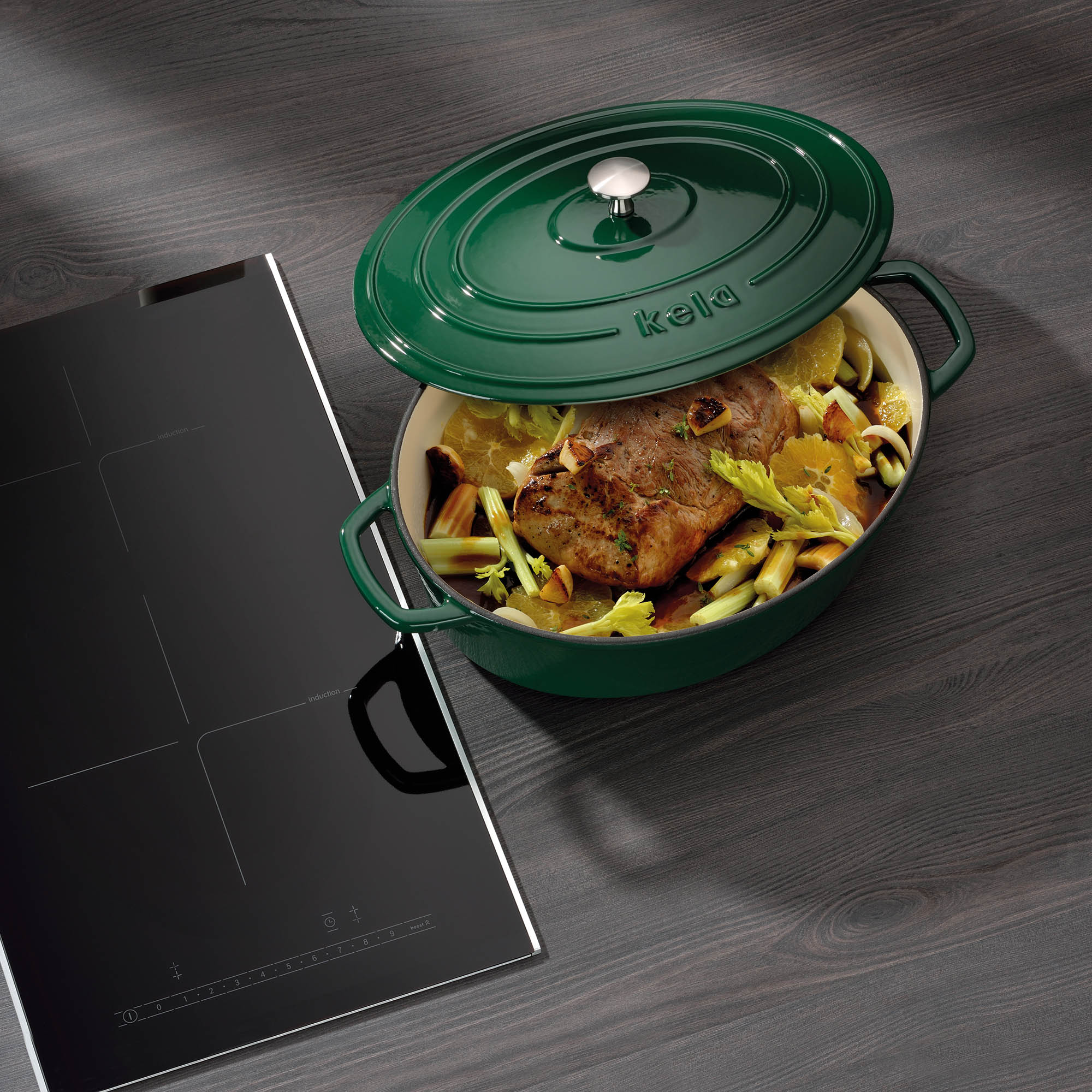 KELA Cocotte casserole CALIDO cast iron enamelled 33 cm oval 6 litres emerald green