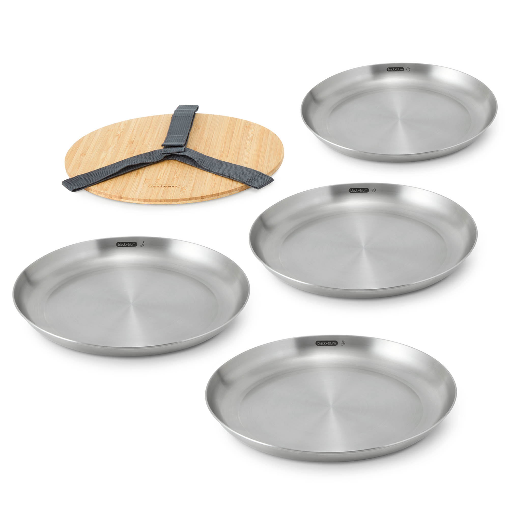BLACK+BLUM Set 4 Edelstahl-Teller 25 cm + Servierbrett für Camping, Picknick