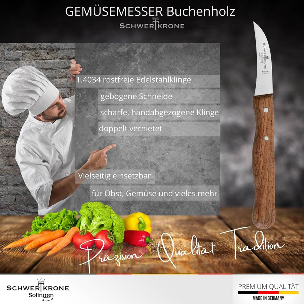 SCHWERTKRONE Schälmesser Klingenlänge 5,5 cm Tourniermesser Buchenholz