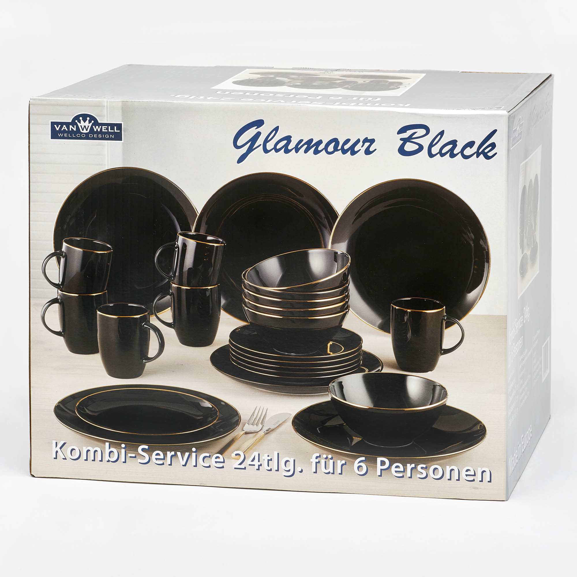 VAN WELL Kombiservice GLAMOUR BLACK 24-teilig für 6 Personen Porzellan schwarz Goldrand