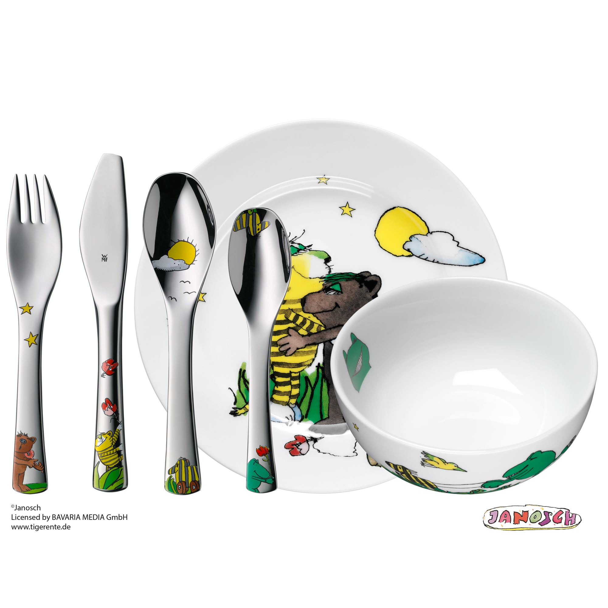 WMF Kinderbesteck JANOSCH Set 6 teilig mit Teller und Müslischale aus Porzellan