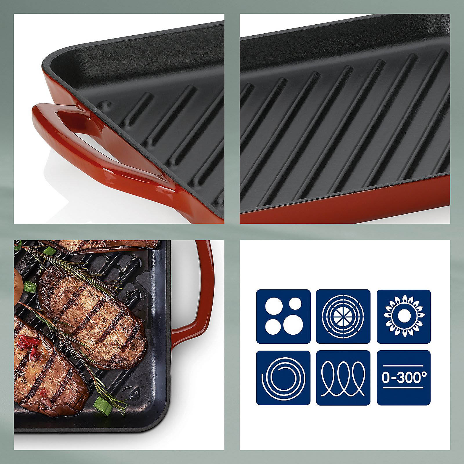 KELA Grillplatte CALIDO aus Gusseisen emailliert 35 x 25 cm rot INDUKTION