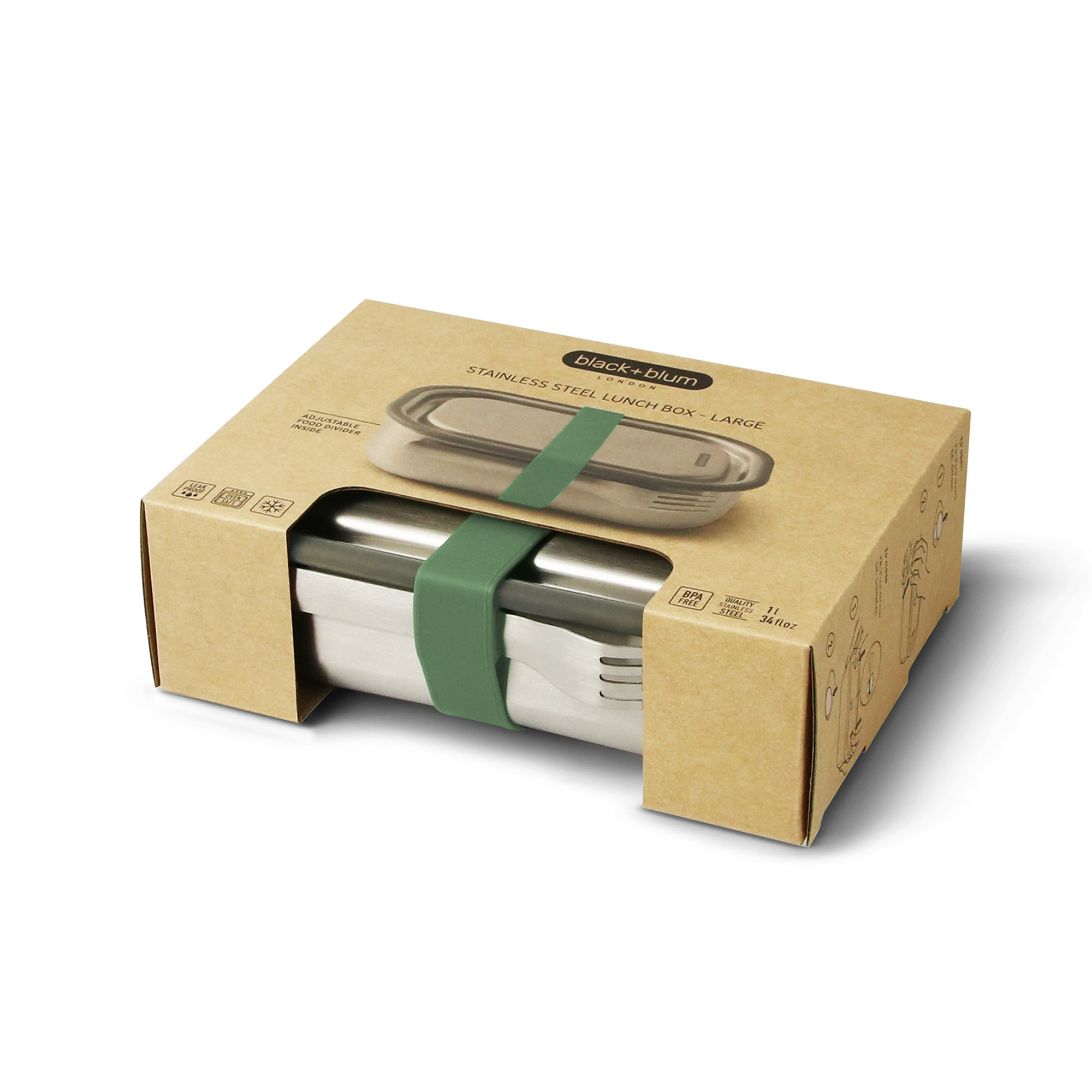 BLACK+BLUM Stainless Steel Lunchbox with Fork, Large, 1.0 litres, 20 x 15 x 6.5 cm, olive