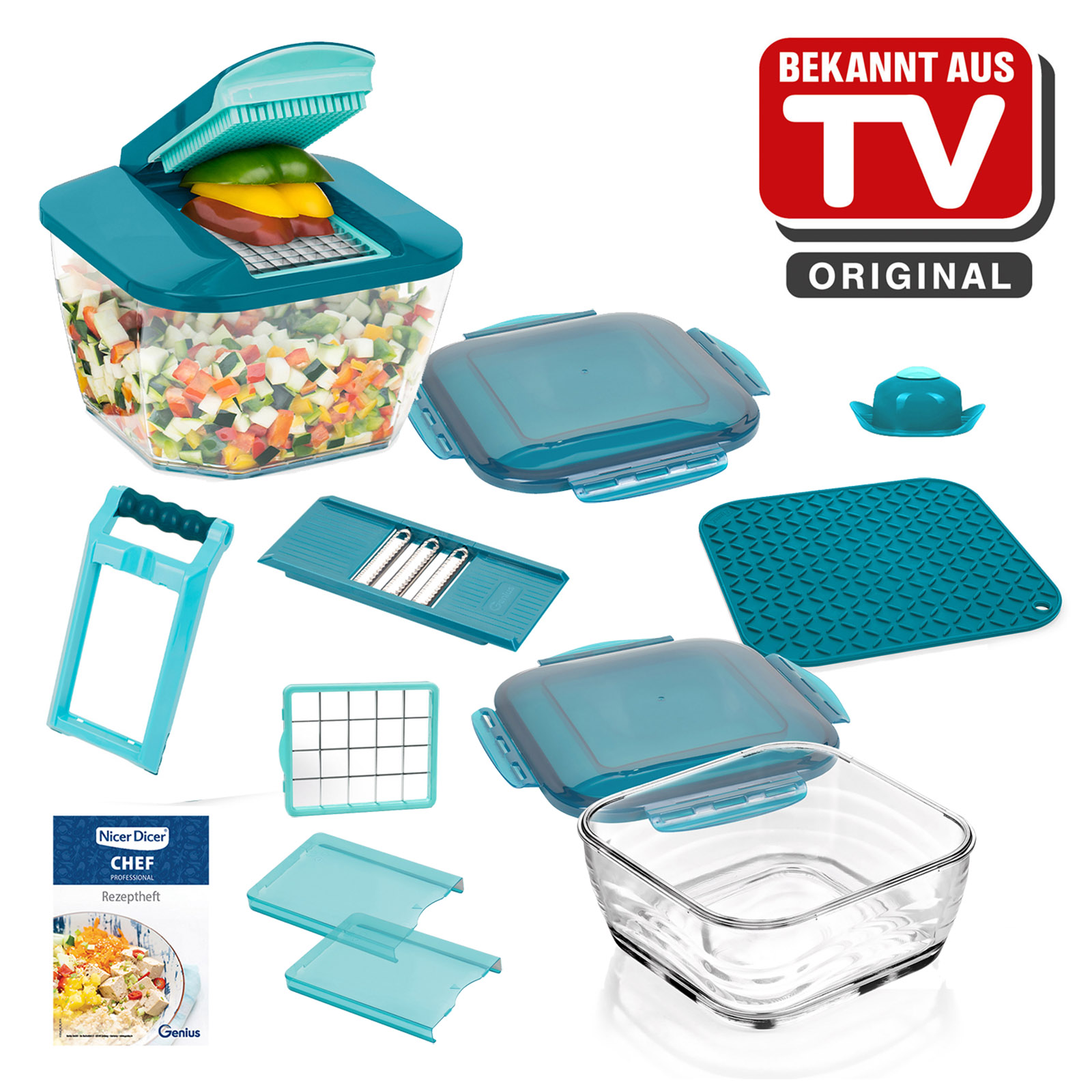 GENIUS Nicer Dicer Chef Professional Set 15-teilig petrol inklusive Glasschüssel