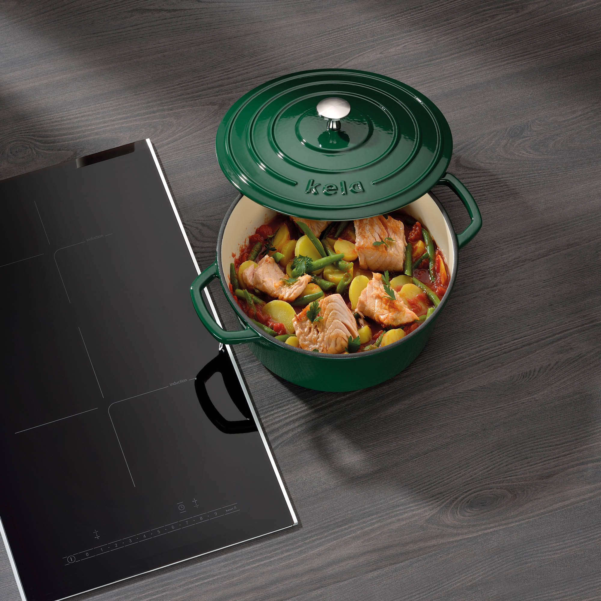 KELA Cocotte casserole CALIDO cast iron enamelled 26 cm round 4.6 litres emerald green
