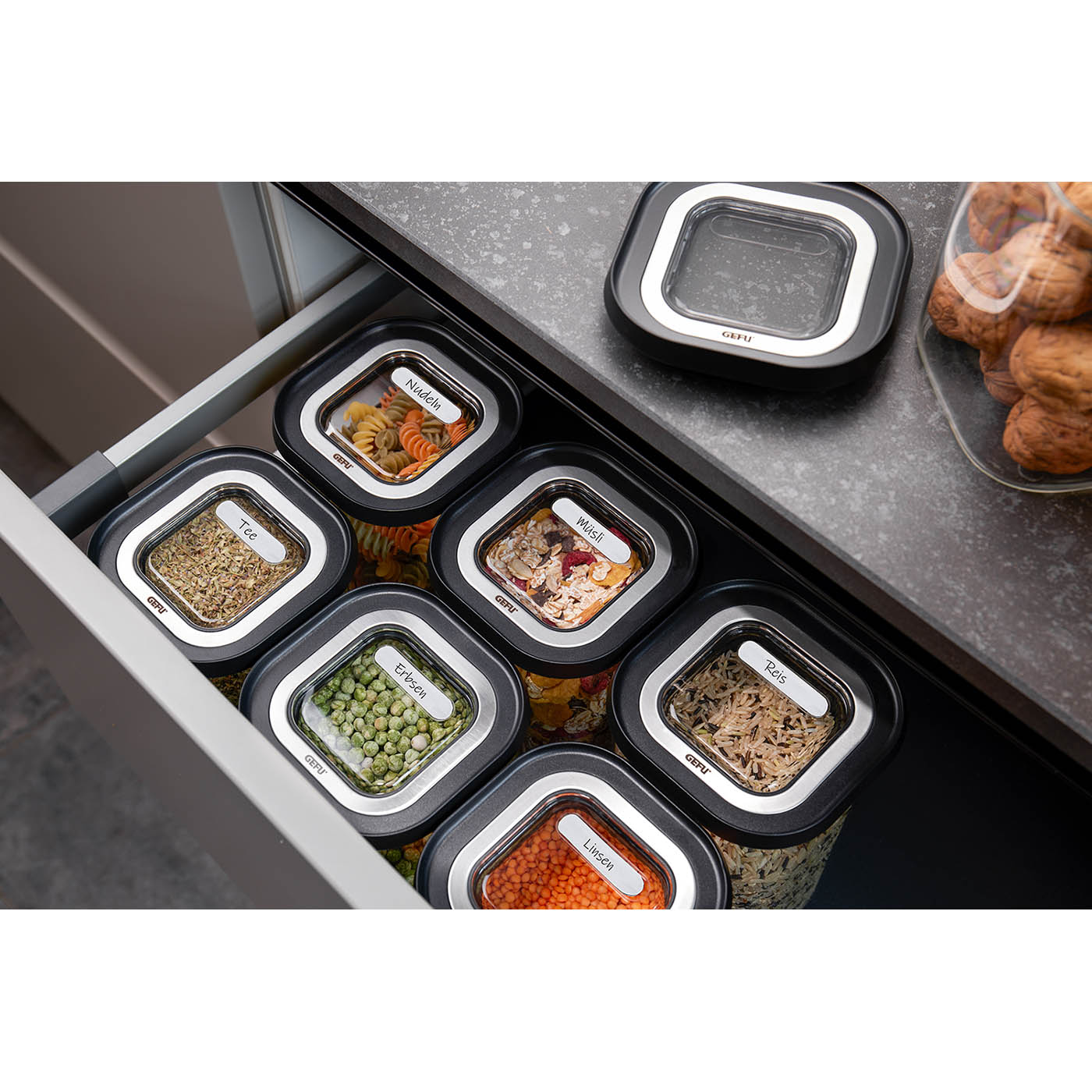 GEFU 3er Set Vorratsdosen Vorratsbehälter PANTRY Borosilikatglas stapelbar
