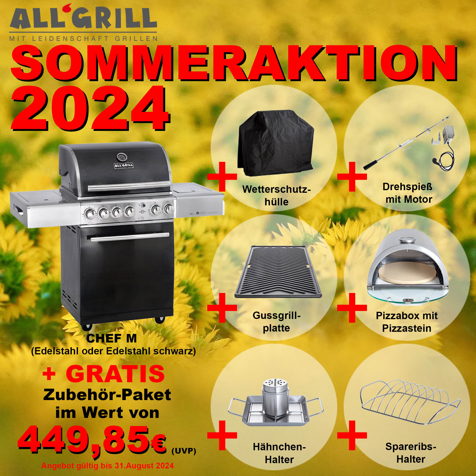 ALLGRILL gas grill CHEF M stainless steel with steak zone, backburner and air system SUMMER OFFER
