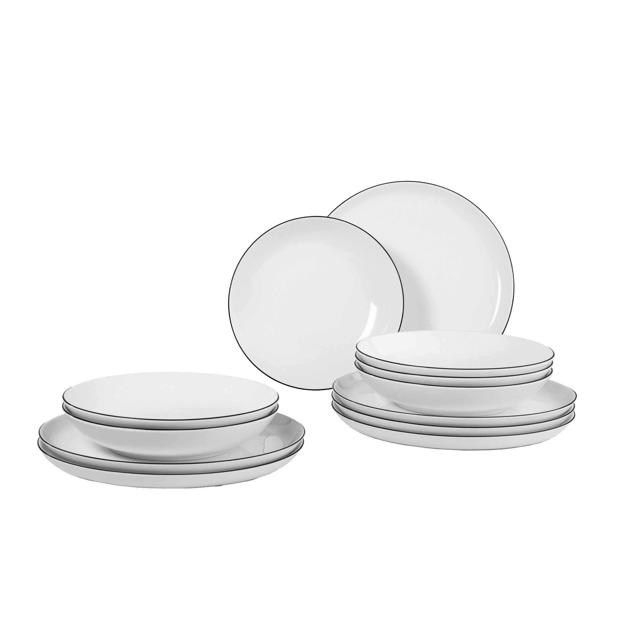 Seltmann Weiden Tafelservice Teller Set, Geschirr-Set Lido Black Line (12-tlg), 6 Personen, Porzellan, Suppenteller, 12 Teile, für 6 Personen, Made in Germany