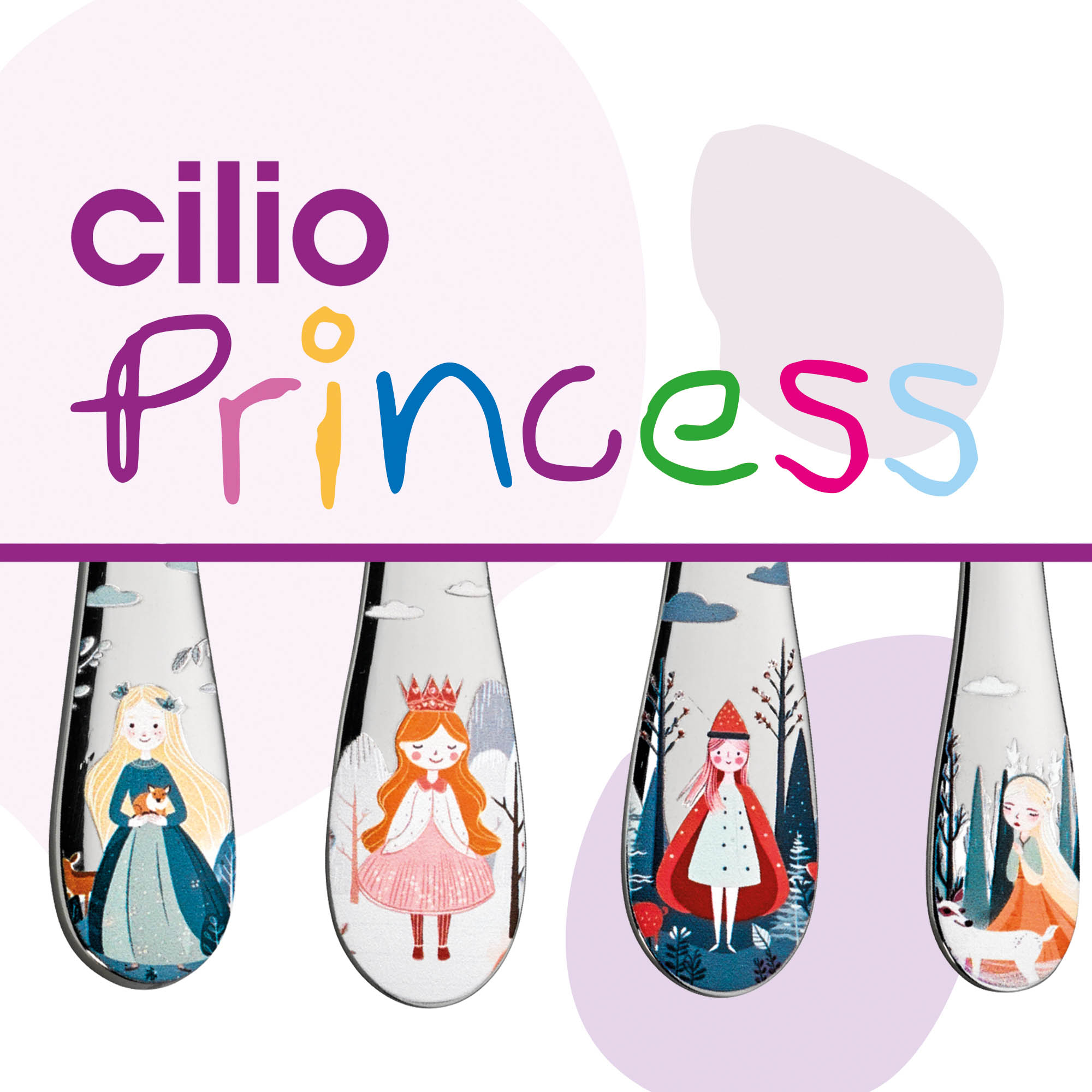 CILIO Kinderbesteck 4-teilig Edelstahl farbig bedruckt Motiv PRINCESS (Prinzessinen)