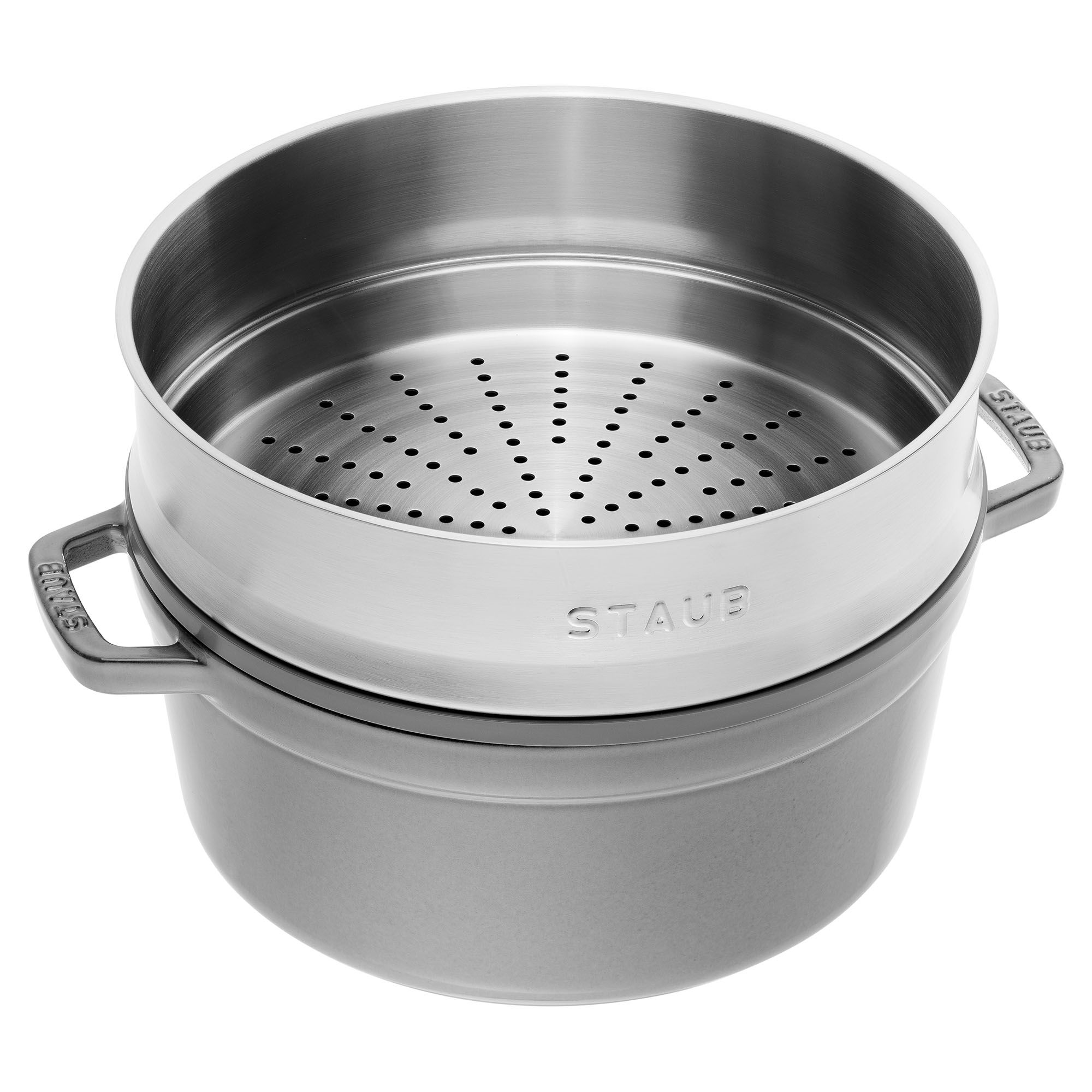 STAUB France Cocotte 26 cm - 5,2 Liter mit Dämpfeinsatz Gusseisen grau