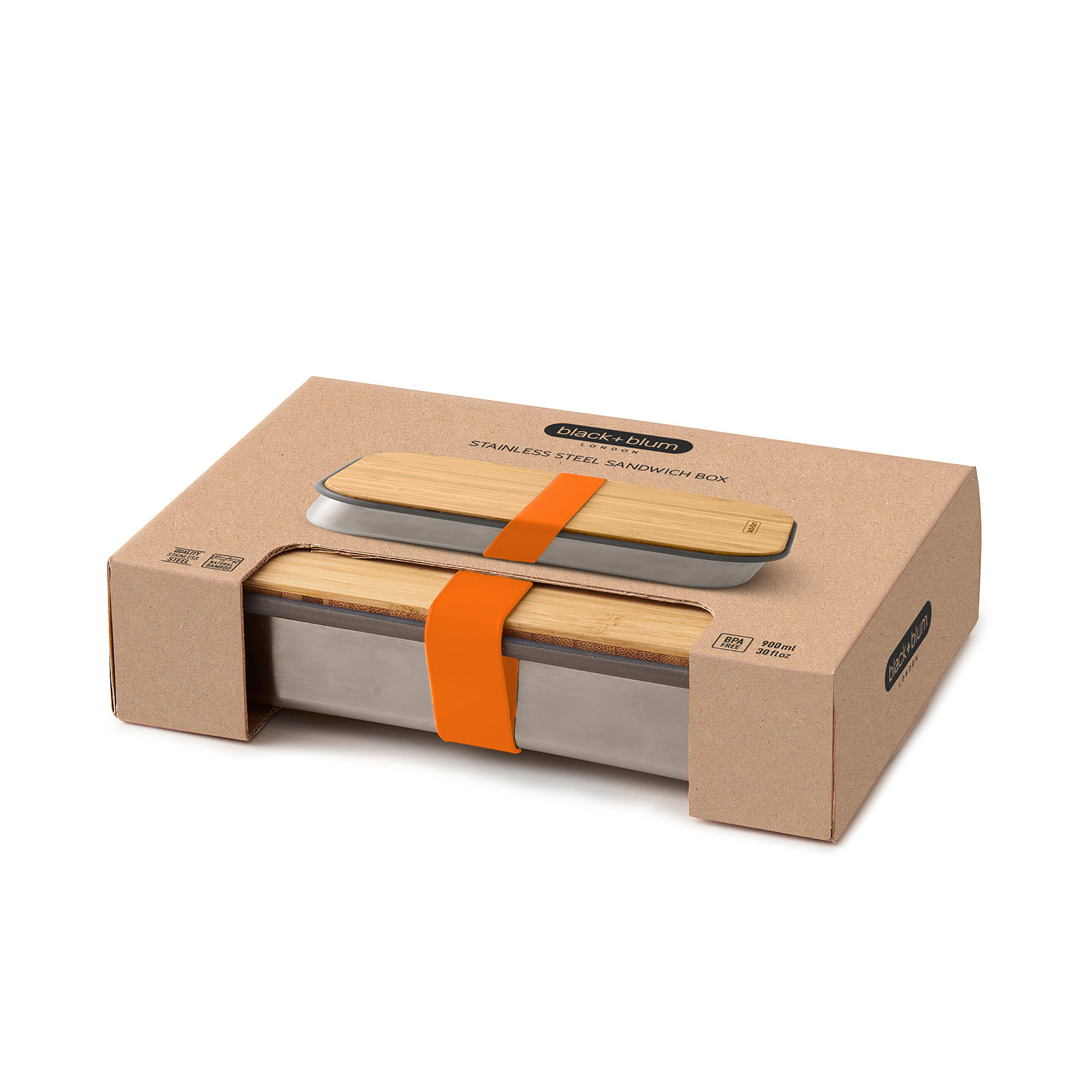 BLACK+BLUM Stainless Steel and Bamboo Lunch Box, 22 x 15 x 5 cm, orange