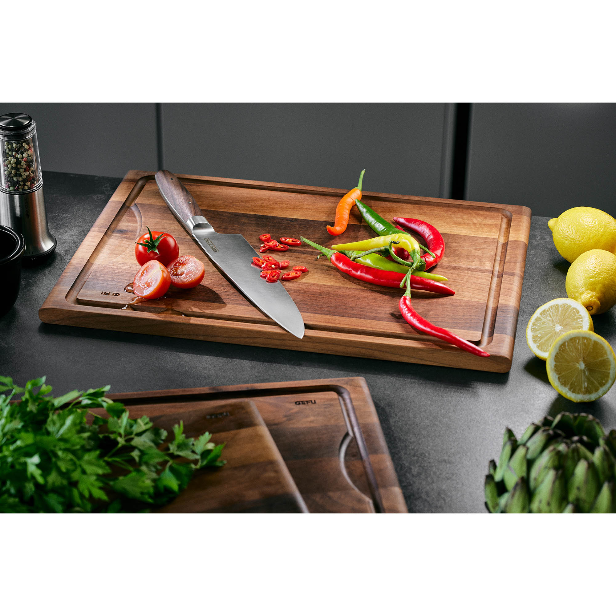 GEFU ENNO large walnut chopping board 44 x 30 cm with juice groove
