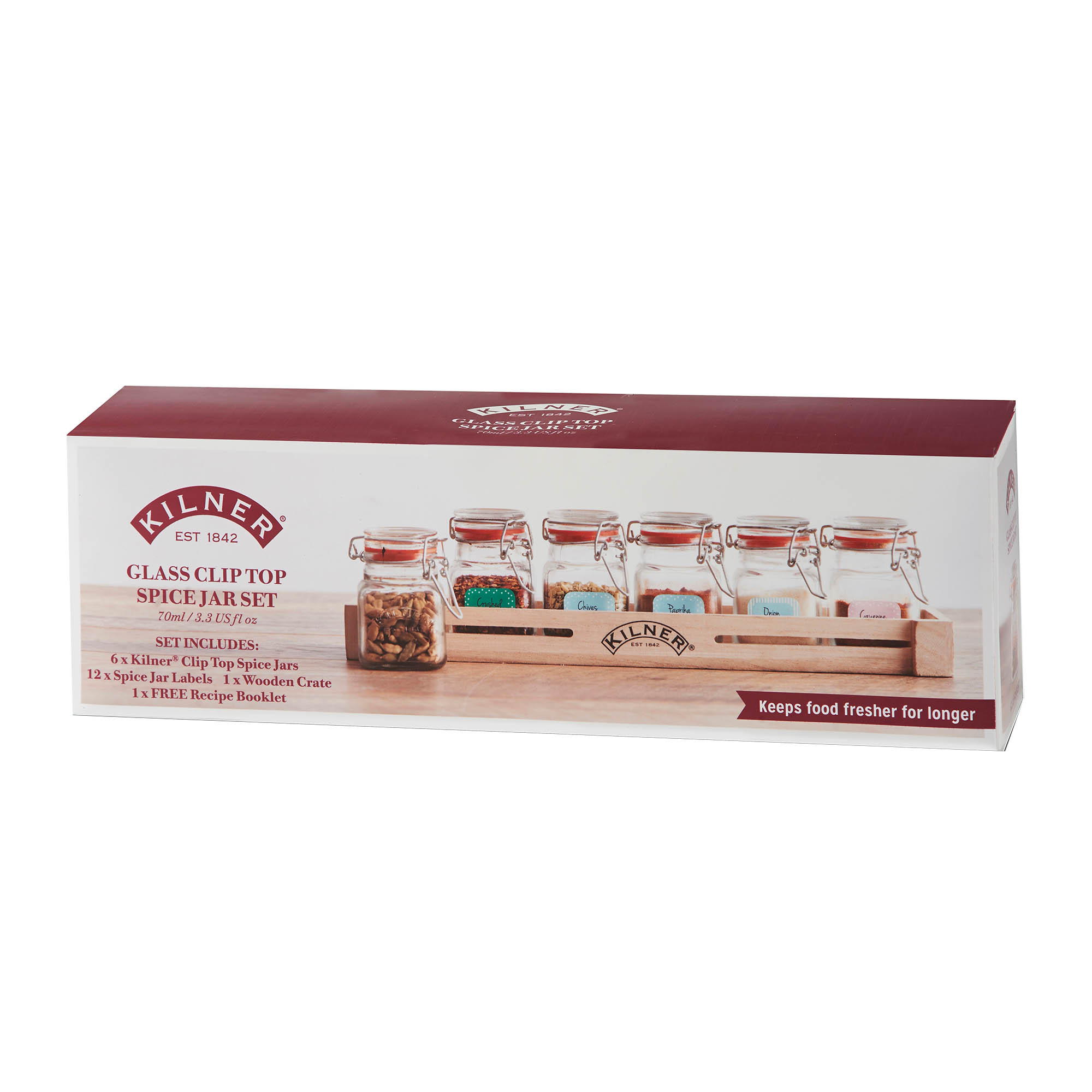 KILNER square swing-top jar, 70 ml, set of 6 in a wooden box