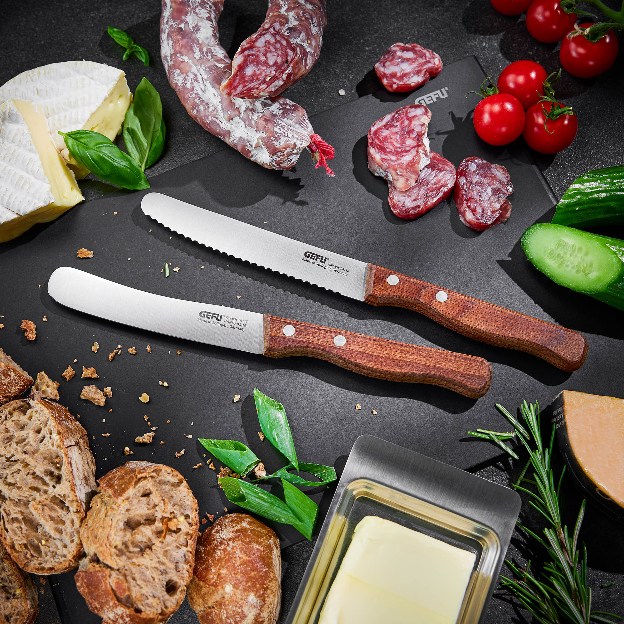 GEFU Brotzeitmesser STULLE 12 cm Klinge mit Wellenschliff Griff aus Walnussholz