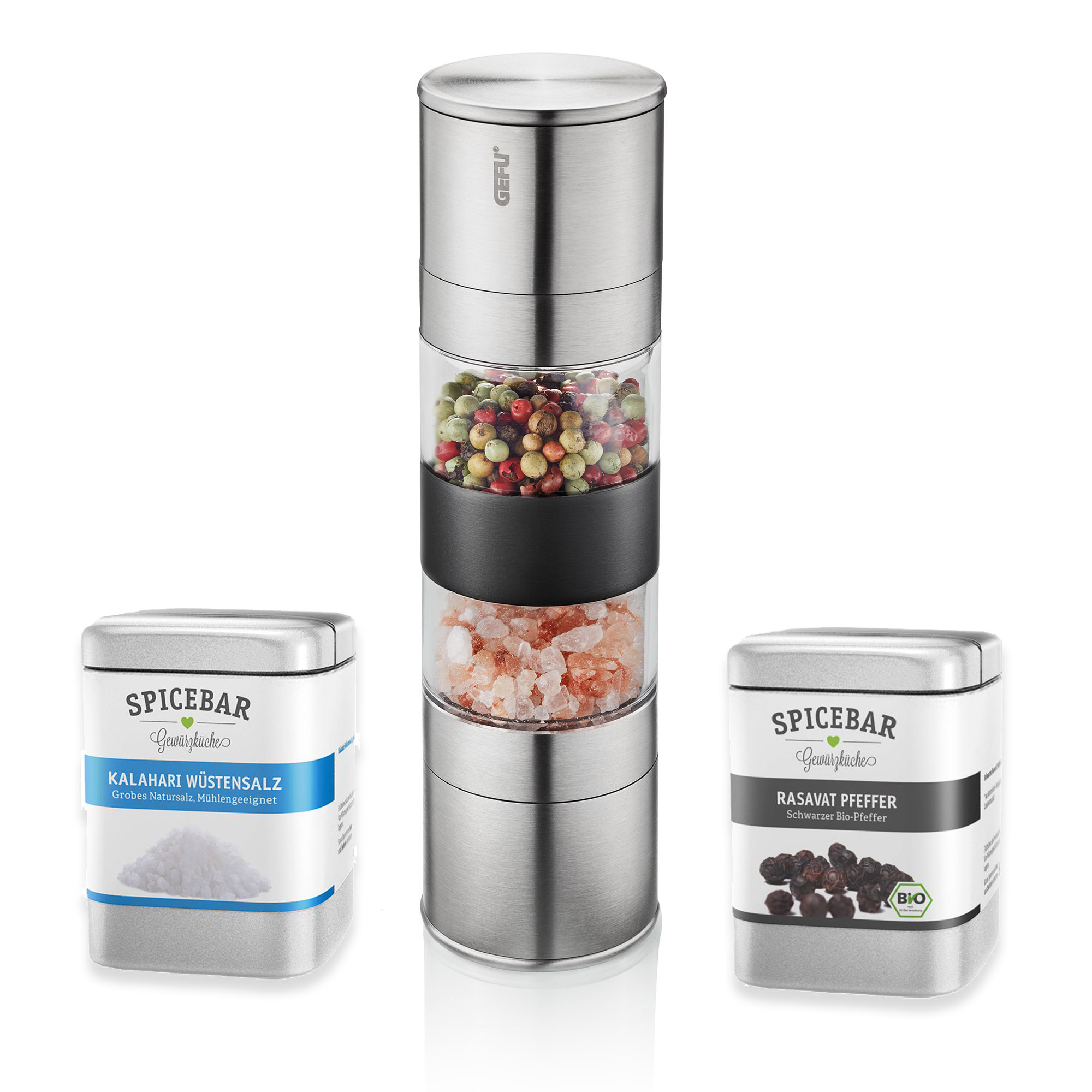 GEFU Doppelmühle LAMOLA 18,8 cm + Rasavat Pfeffer + Kalaharisalz im Geschenk-Set