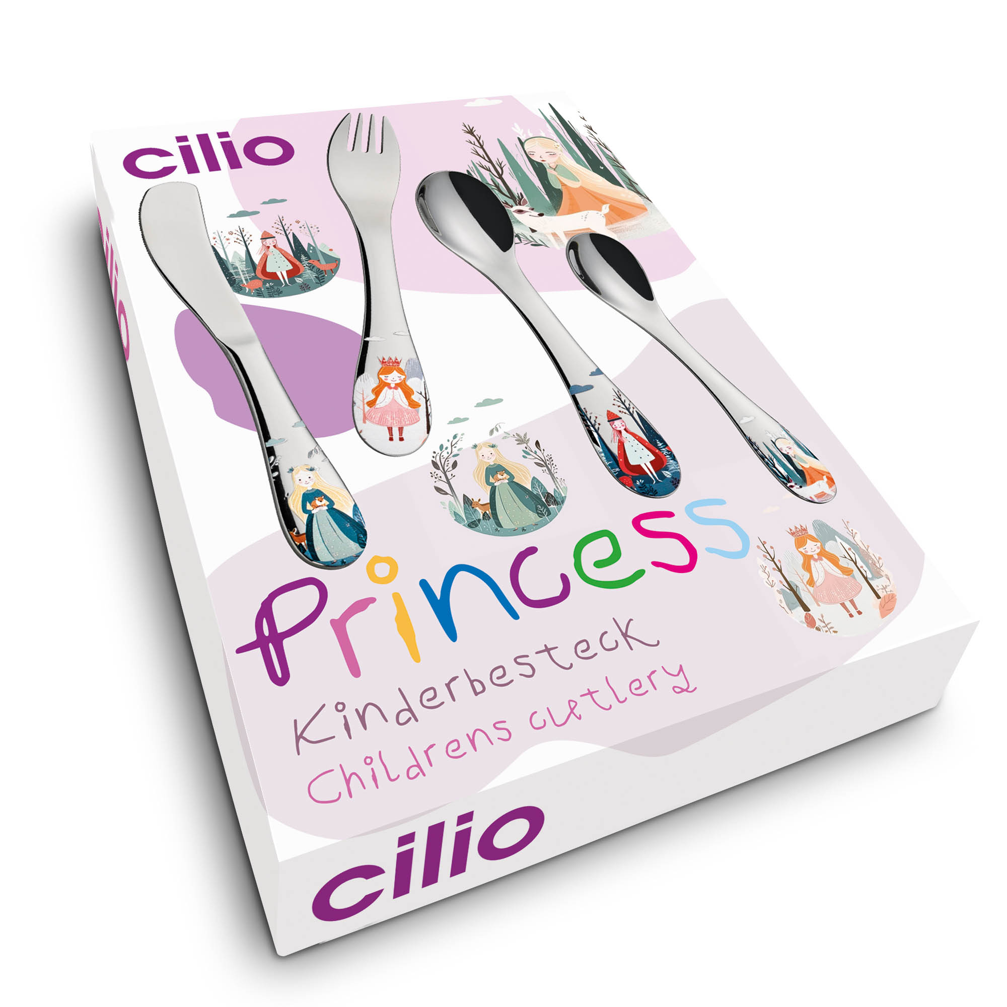 CILIO Kinderbesteck 4-teilig Edelstahl farbig bedruckt Motiv PRINCESS (Prinzessinen)