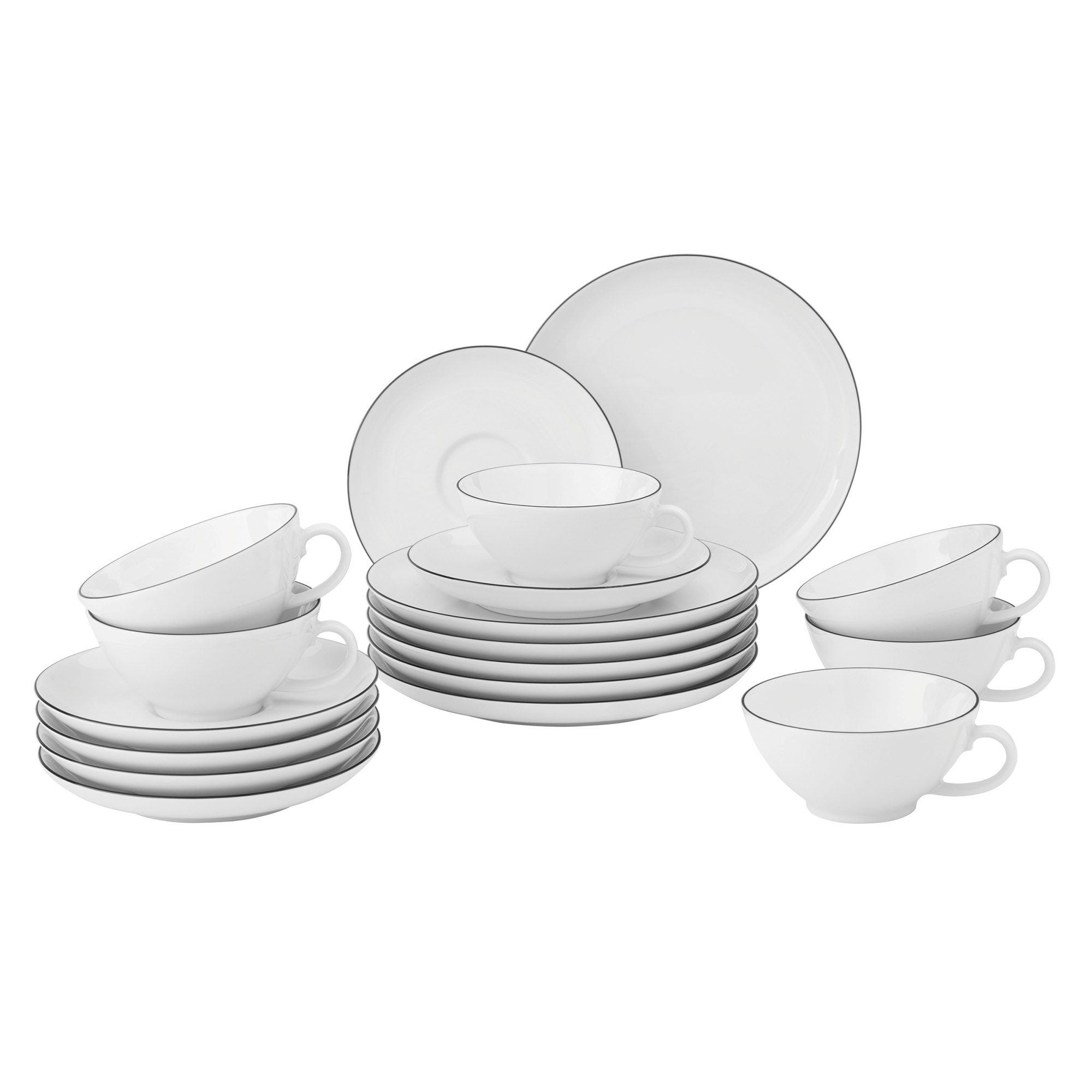 Seltmann Weiden Teeservice Geschirr-Set Lido Black Line (18-tlg), 6 Personen, Porzellan, Tassen, Untertassen, Teller 18 Teile, für 6 Personen, Made in Germany