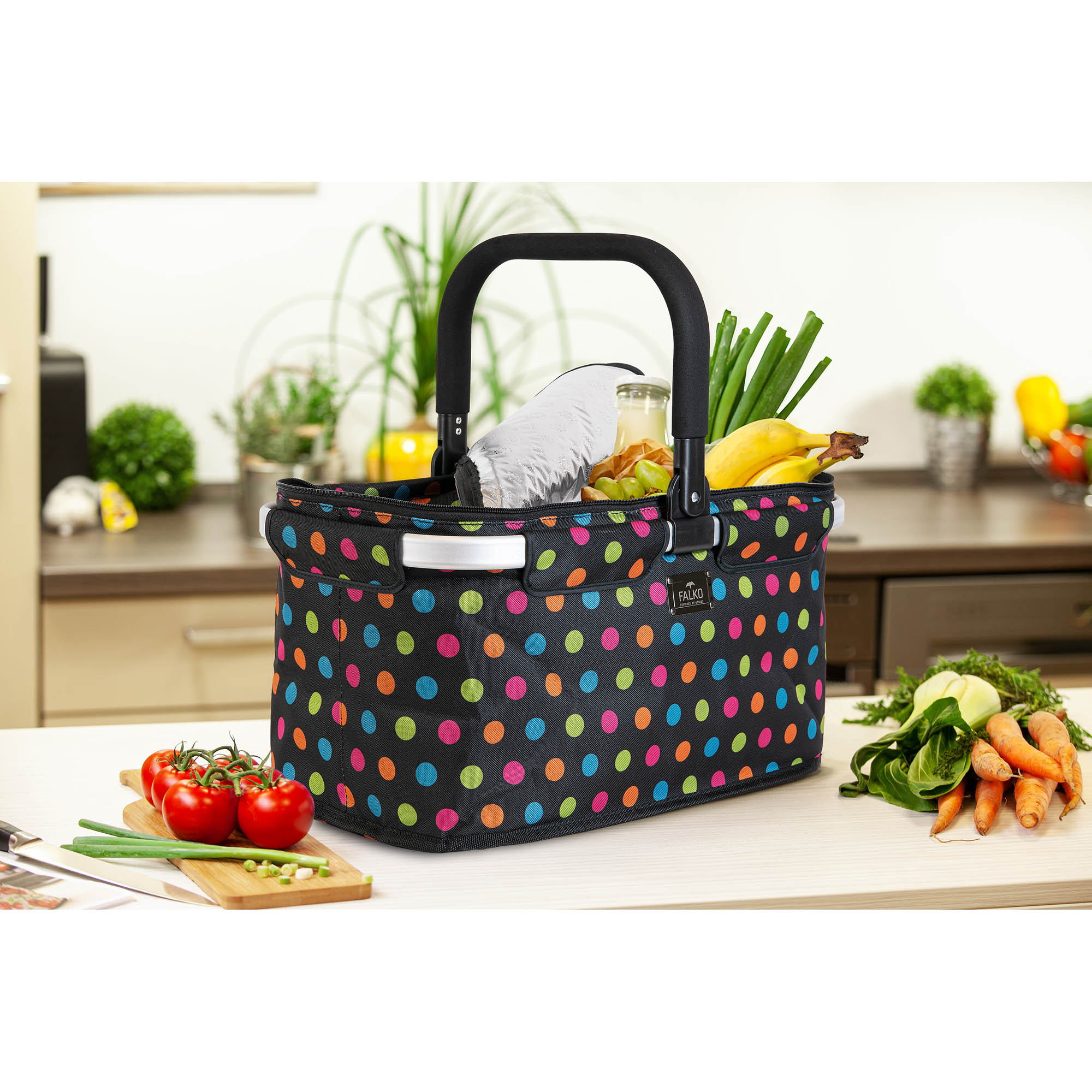 GENIUS Faltbarer Thermo-Einkaufskorb FALKO THERMO 25 Liter schwarz bunte Punkte