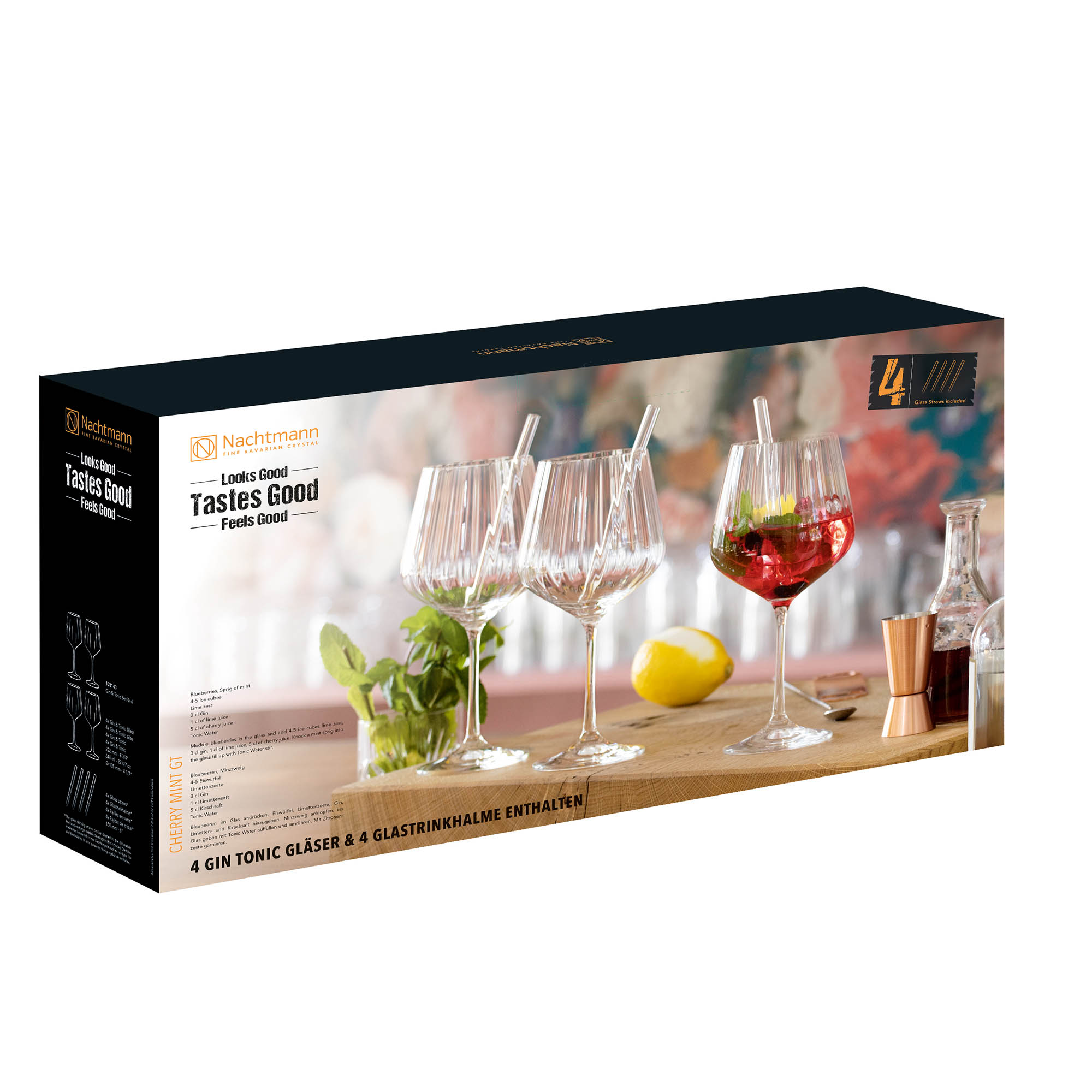 NACHTMANN Looks Good Tastes Good Feels Good 4 Gin Tonic Gläser + 4 Glastrinkhalme