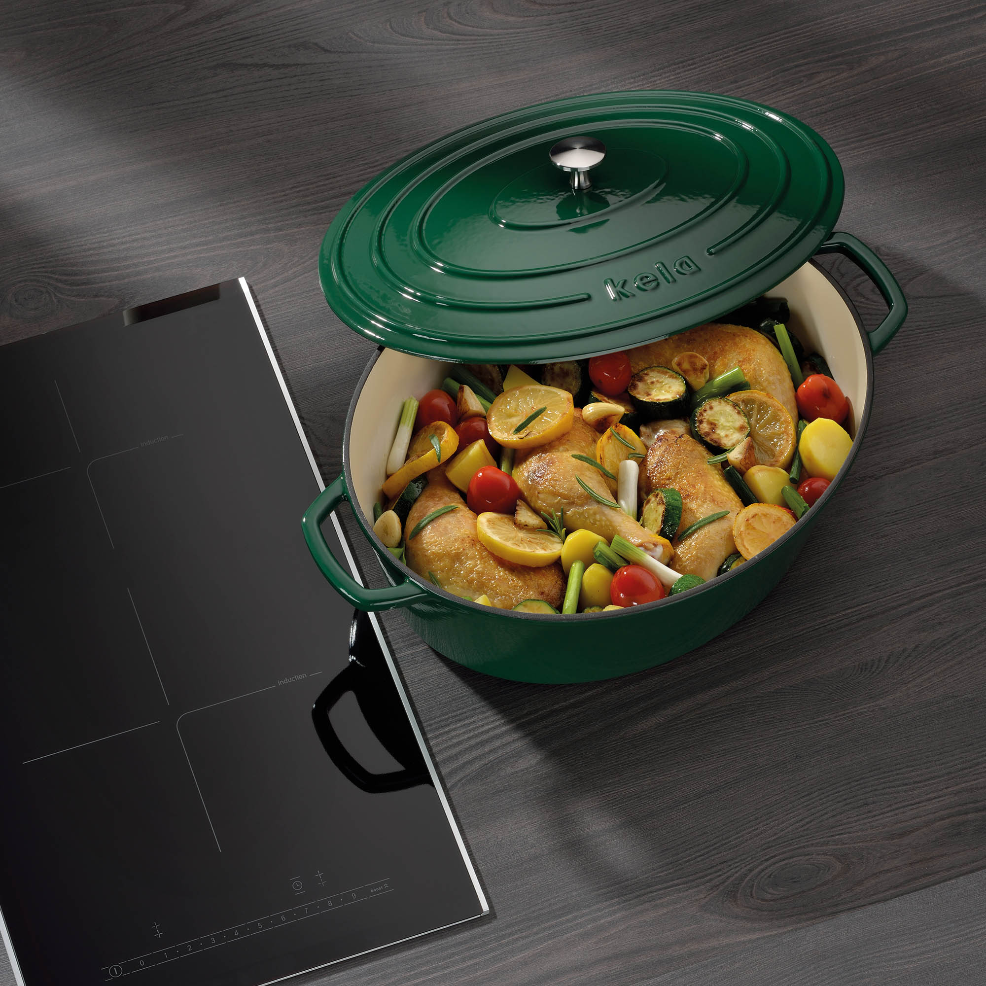 KELA casserole CALIDO cast iron enamelled 36 cm oval 9.3 litres emerald green