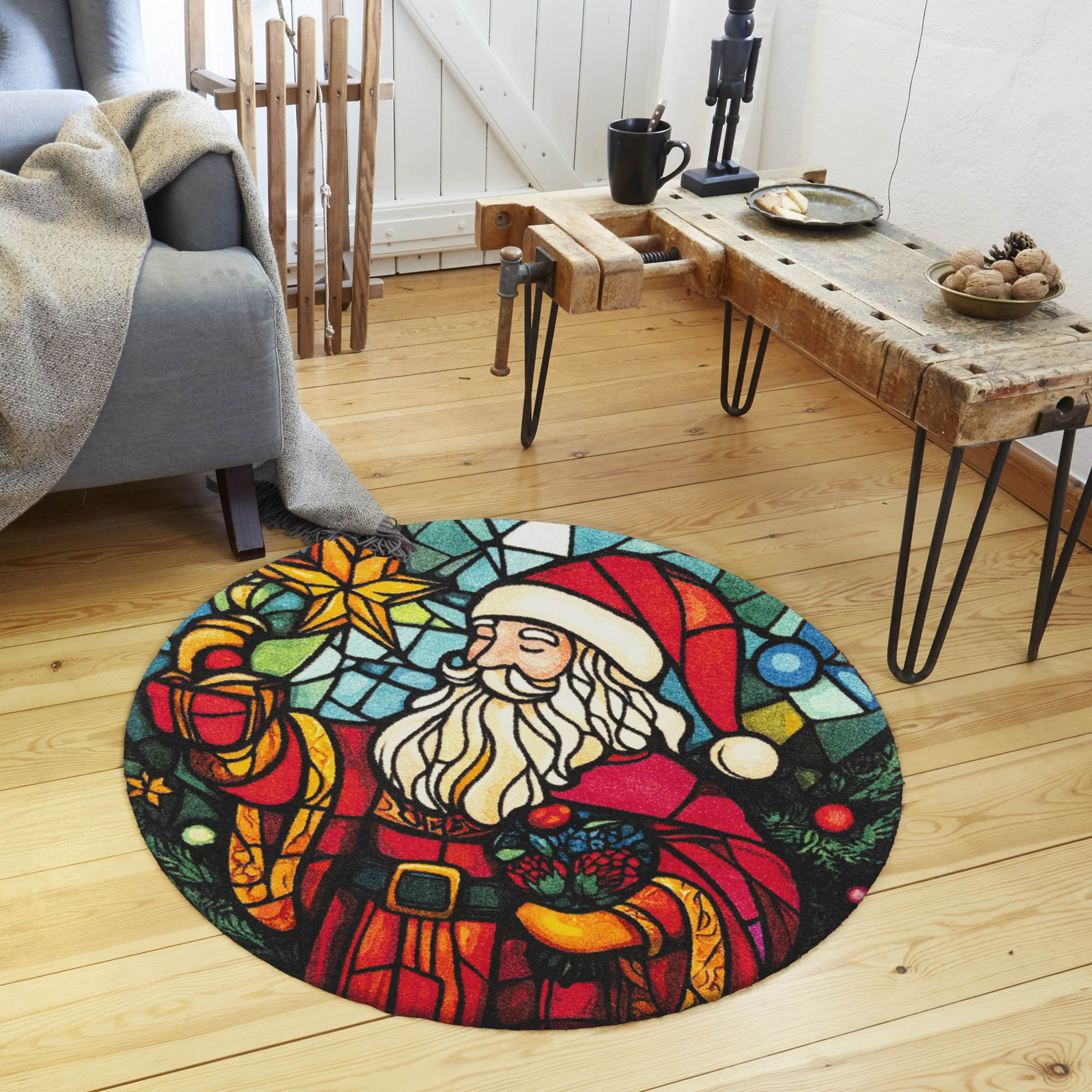 WASH + DRY Fußmatte rund Ø 90 cm randlos Motiv STAINGLASS SANTA St. Nikolaus