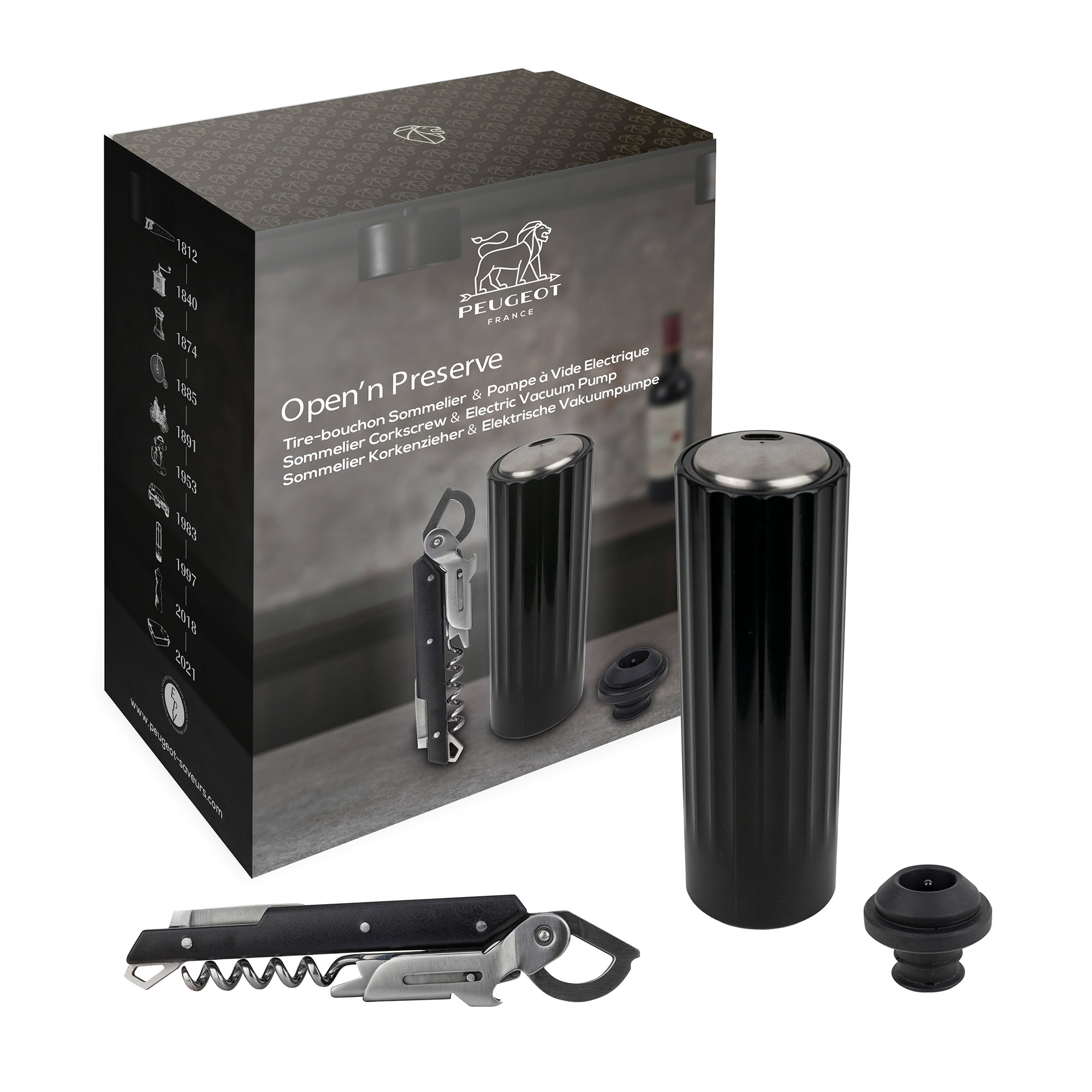 PEUGEOT Geschenk-Set OPEN 'N PRESERVE Elektrische Vakuumpumpe + Sommeliermesser