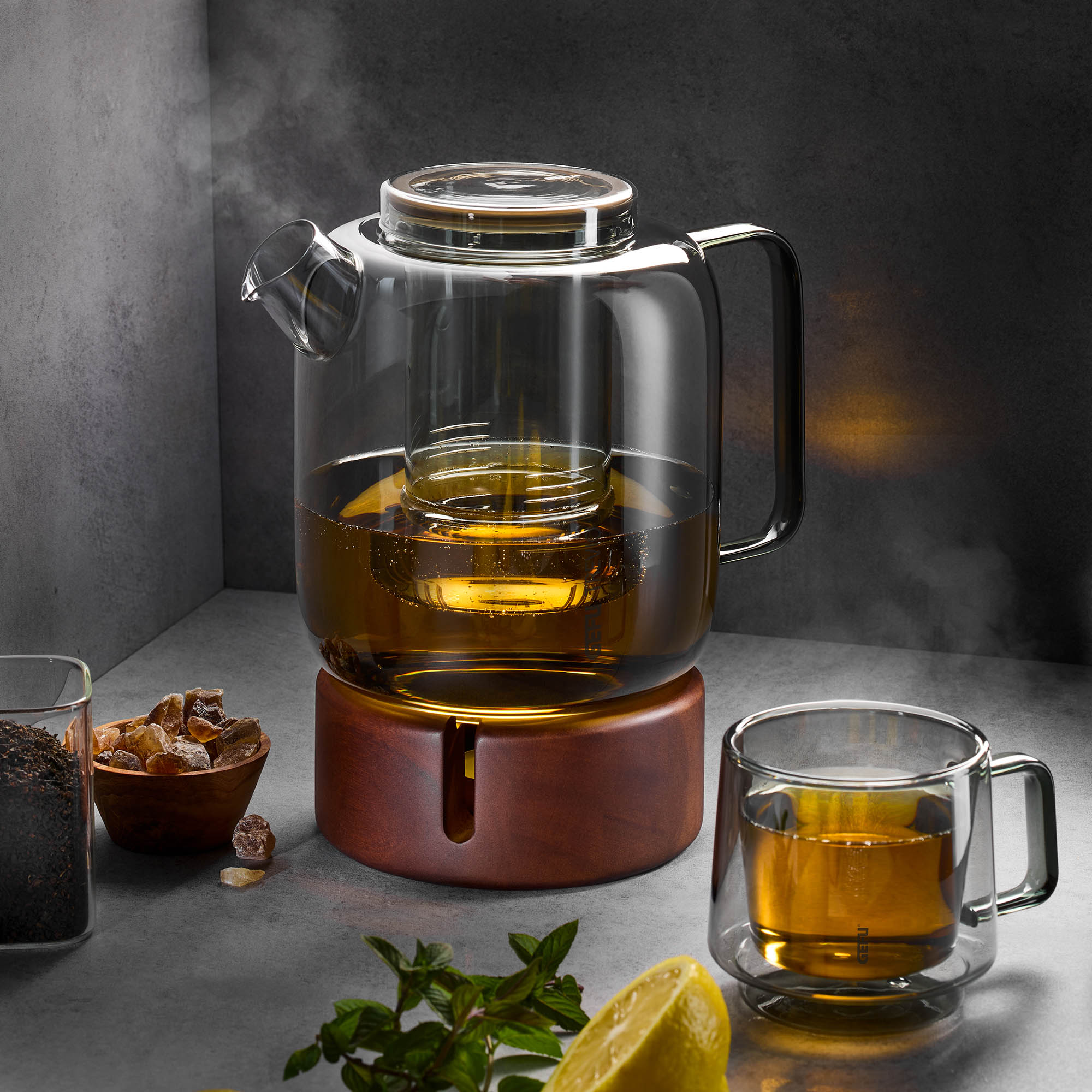 GEFU Teekanne TREVIO 1,5 Liter aus Borosilikatglas mit Teesieb und Stövchen