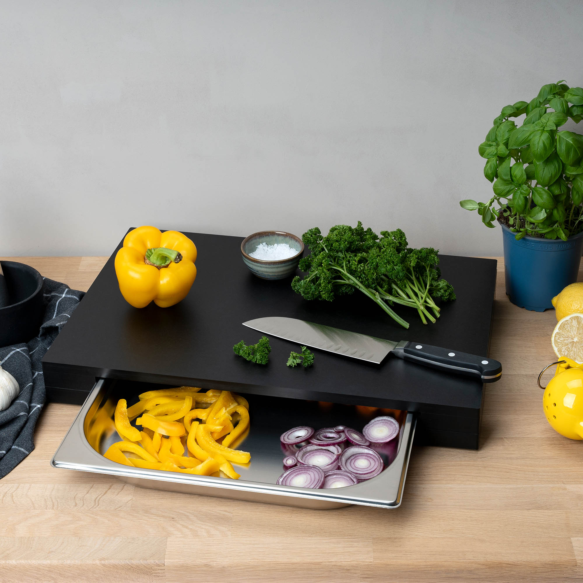 CONTINENTA chopping board, 48 x 32.5 x 5 cm, made from DURACORE with a stainless steel drawer