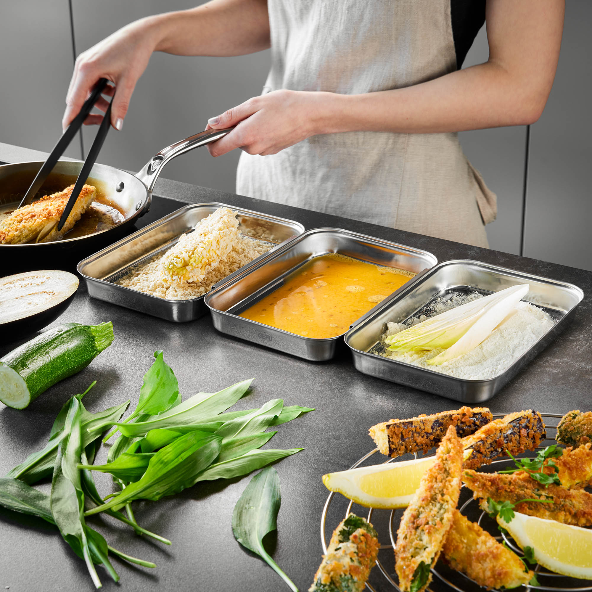 GEFU 3-piece PANDO stainless steel breadcrumb tray set for schnitzels etc.