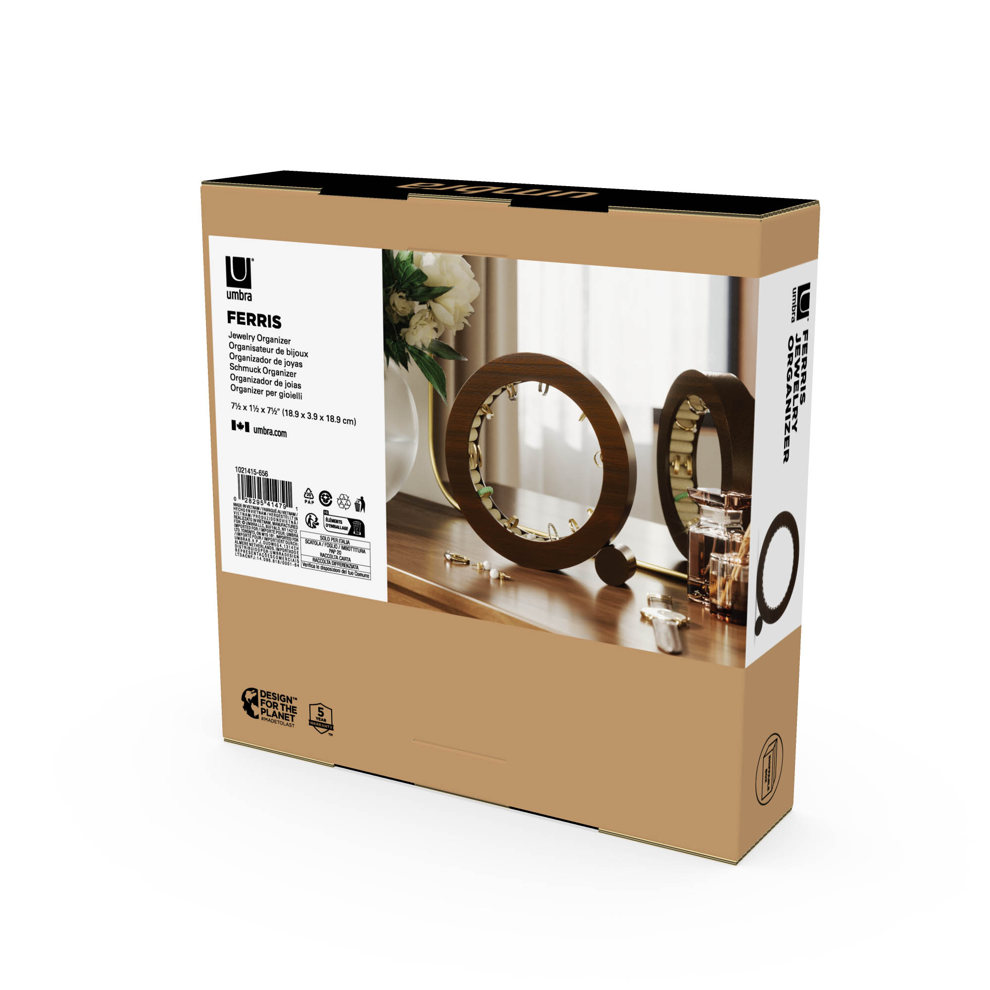 UMBRA Jewellery Organiser Ring Holder FERRIS Ash Wood Walnut Brown