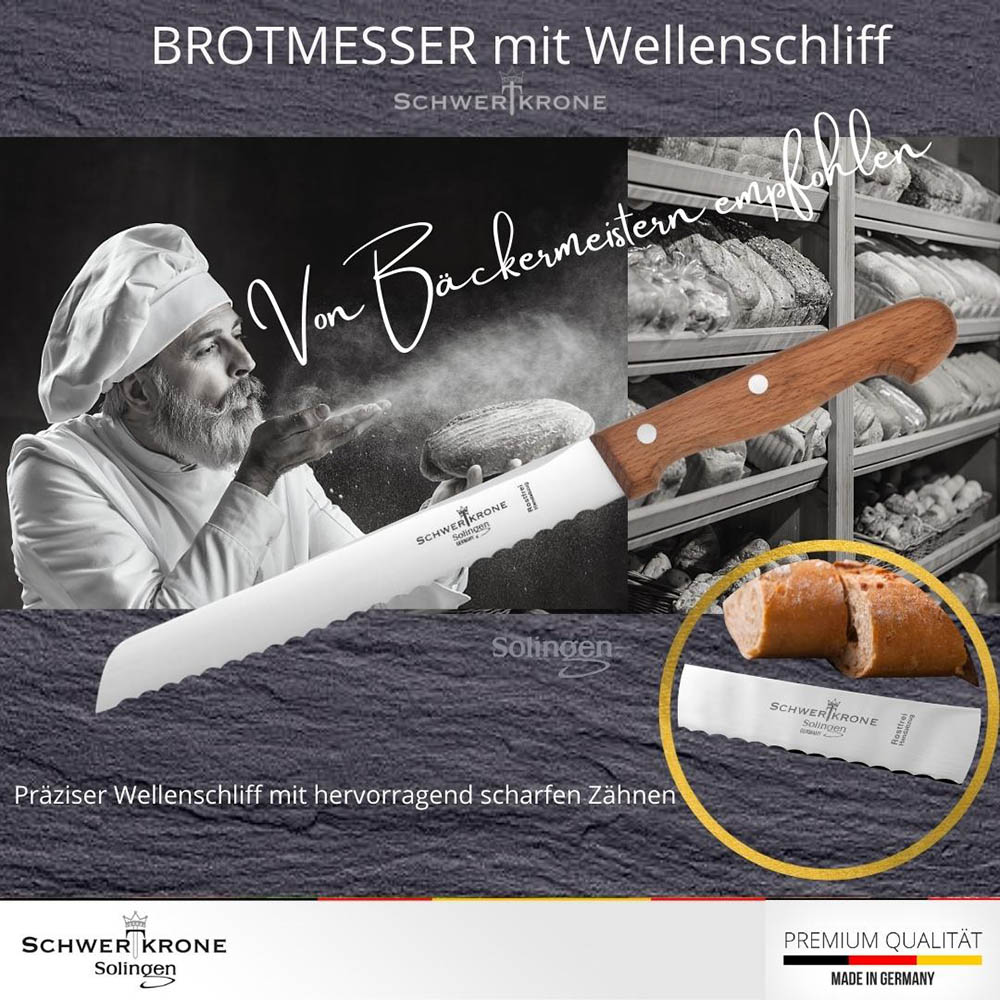 SCHWERTKRONE Brotmesser mit Wellenschliff Klingenlänge 20 cm Buchenholz