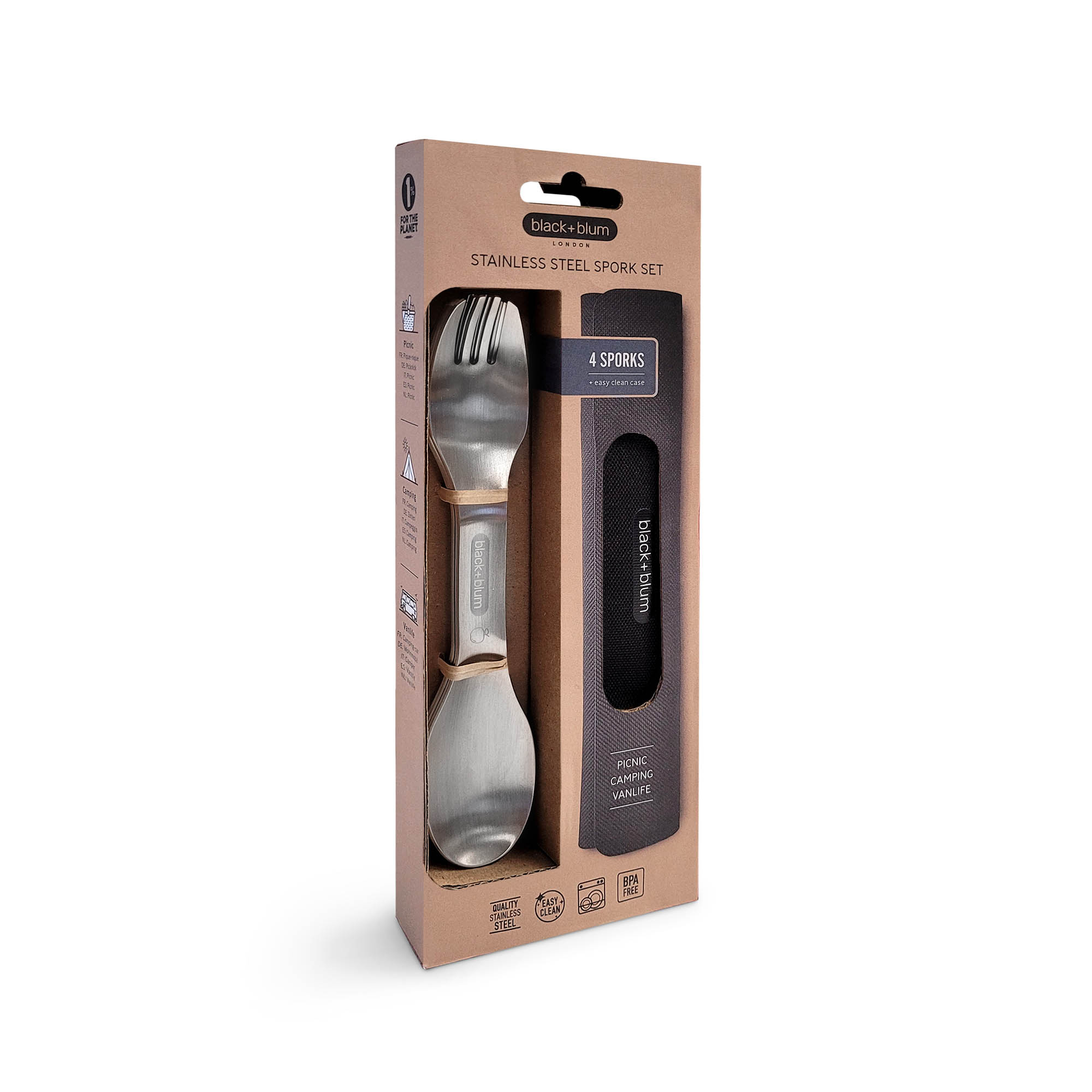 BLACK+BLUM Fork and Spoon Set: 4-piece stainless steel picnic and camping cutlery set in a case