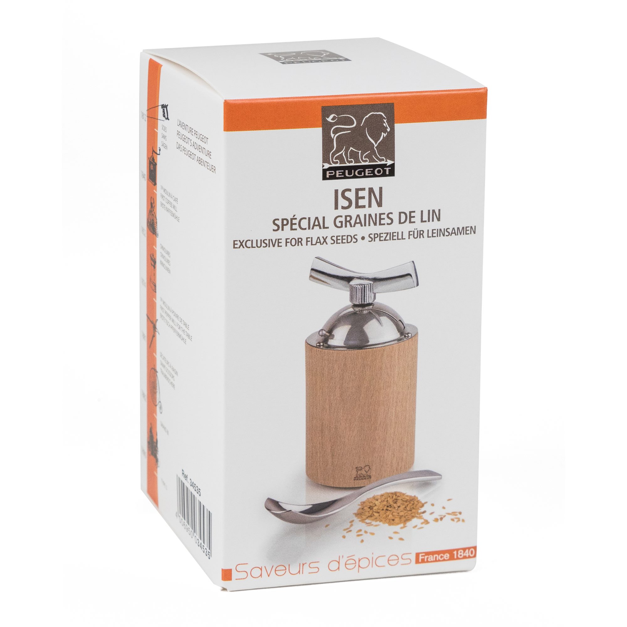 PEUGEOT ISEN 13 cm wooden linseed grinder with measuring spoon and cleaning brush