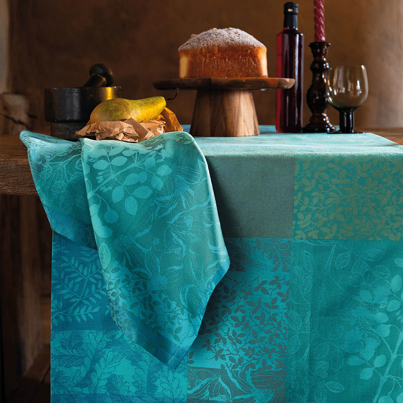 GARNIER-THIEBAUT table runner MILLE RAMEAUX EMERAUDE 55 x 180 cm cotton