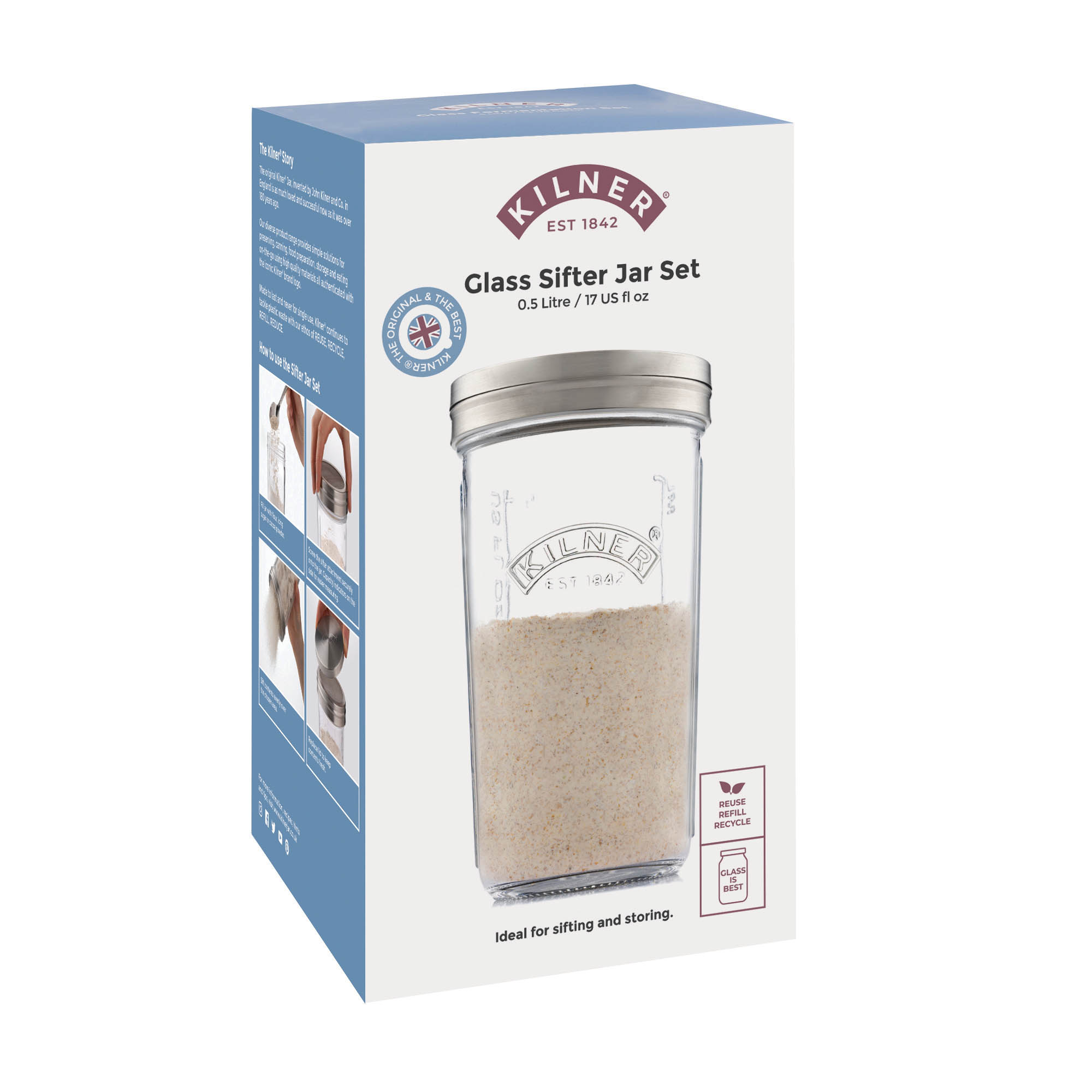 KILNER Sieve Jar Set: 0.5-litre storage jar with sieve insert