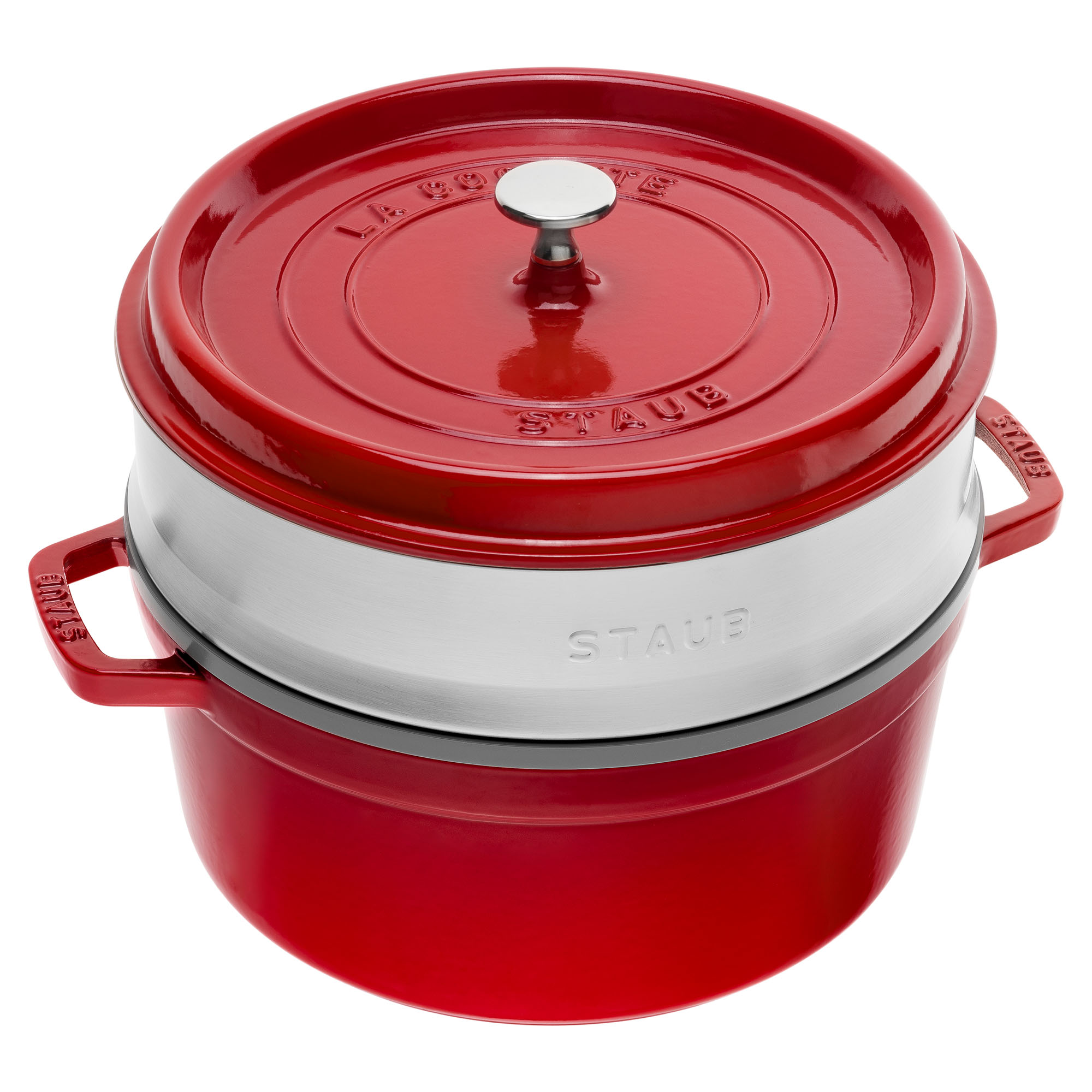 STAUB France Cocotte 26 cm - 5,2 Liter mit Dämpfeinsatz Gusseisen rot